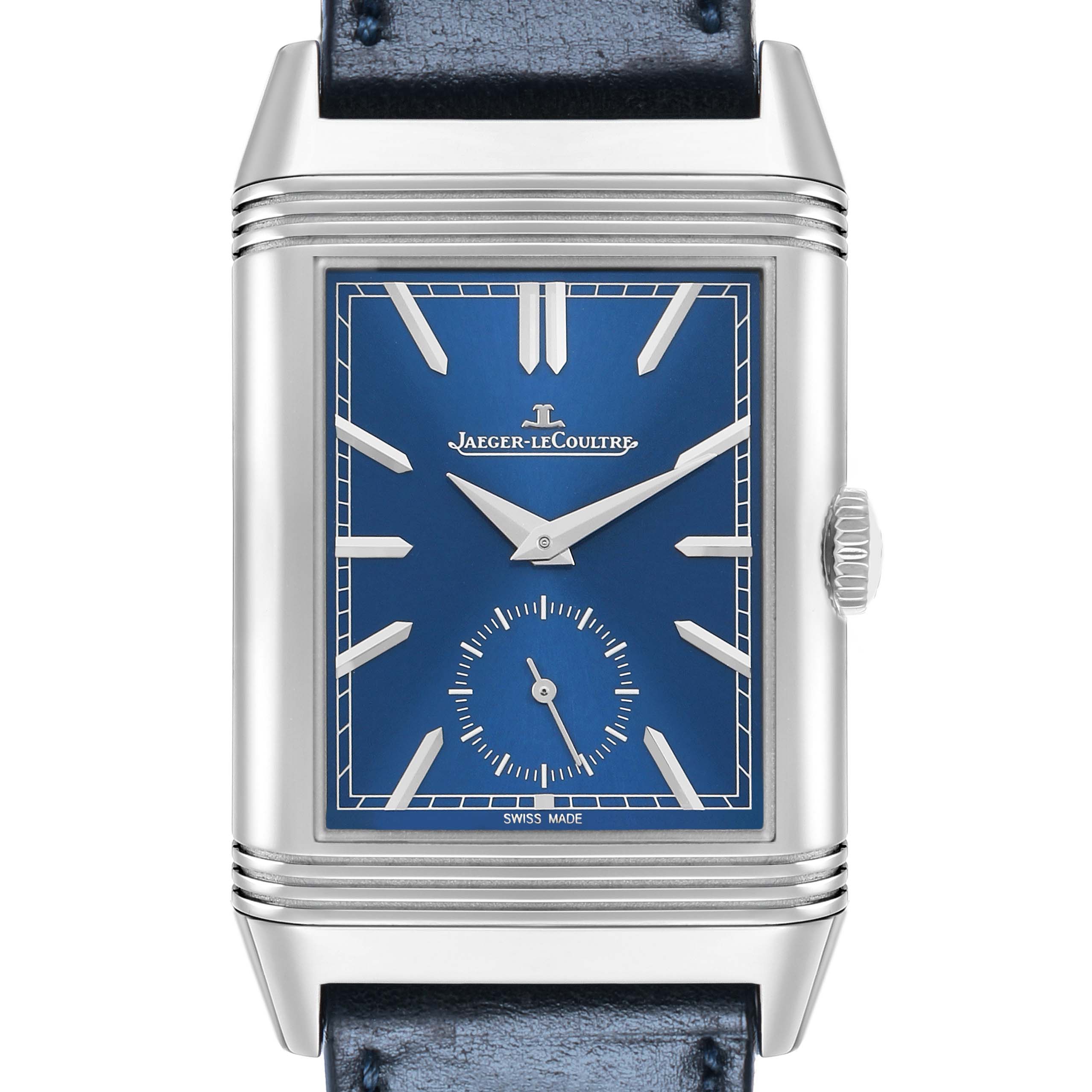 The image shows a front view of the Jaeger-LeCoultre Reverso watch, highlighting its blue dial and silver case.