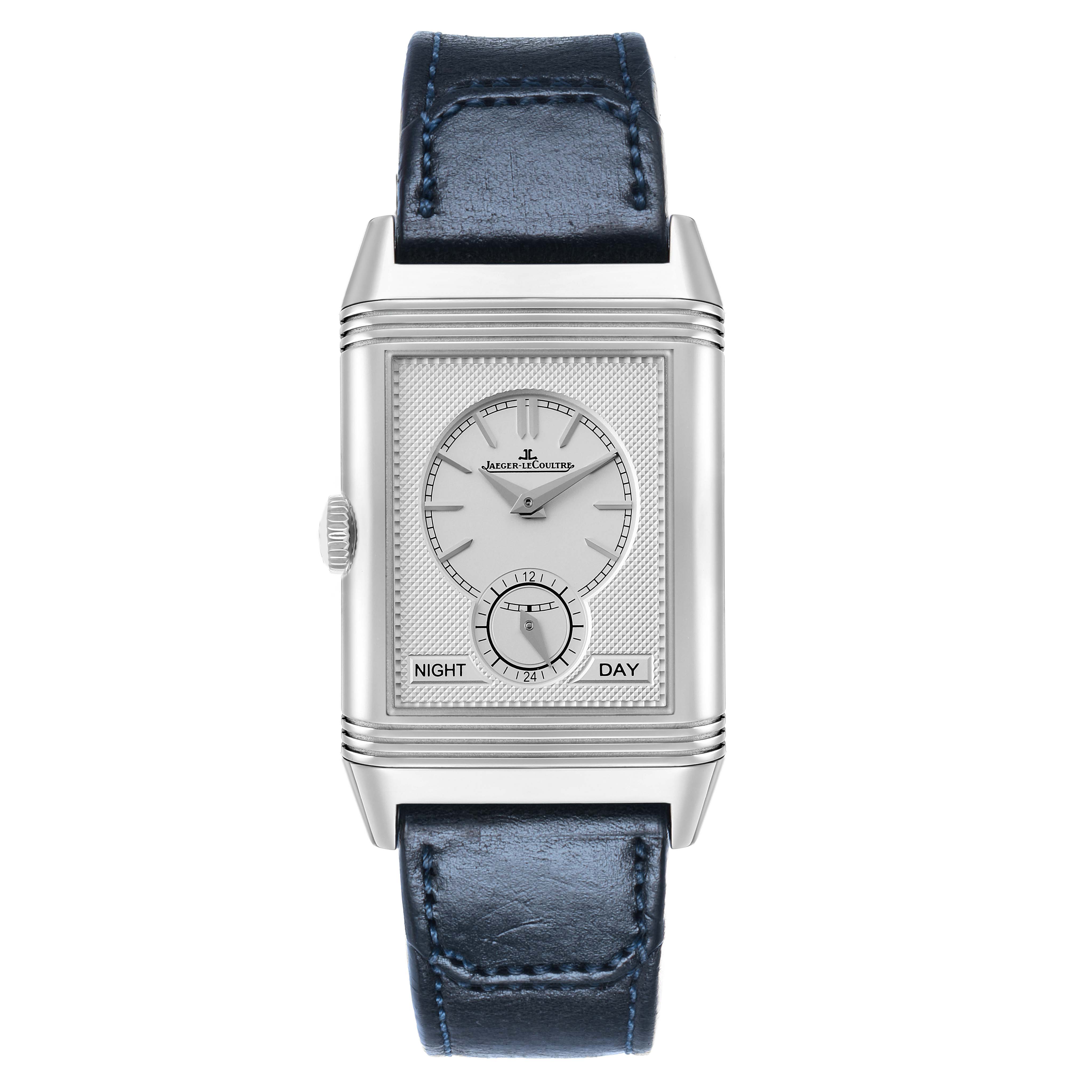 The Jaeger-LeCoultre Reverso watch is shown in a front view, highlighting its dial, rectangular case, crown, and leather strap.