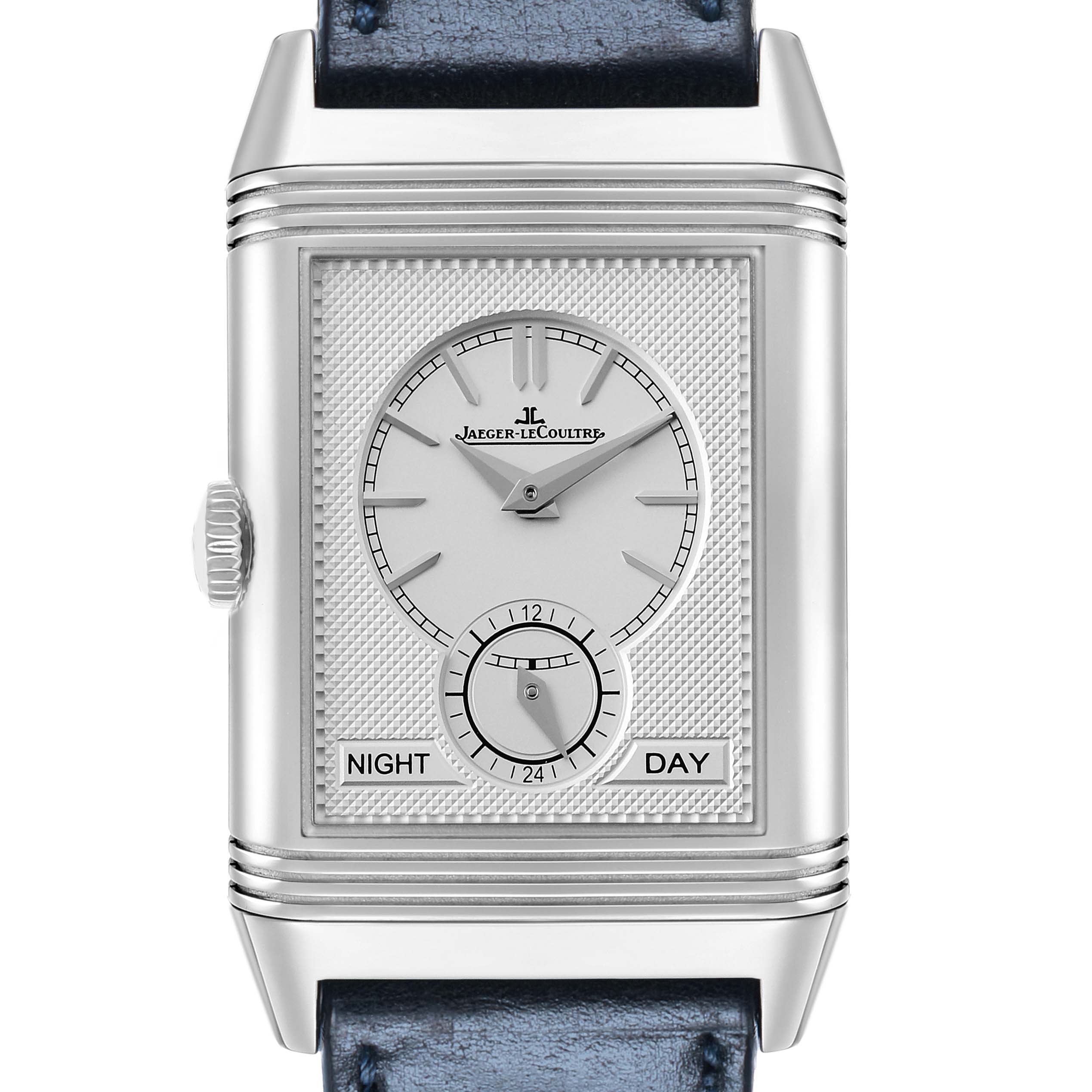 The Jaeger-LeCoultre Reverso watch is shown from a front angle, highlighting its face, dial, and crown.