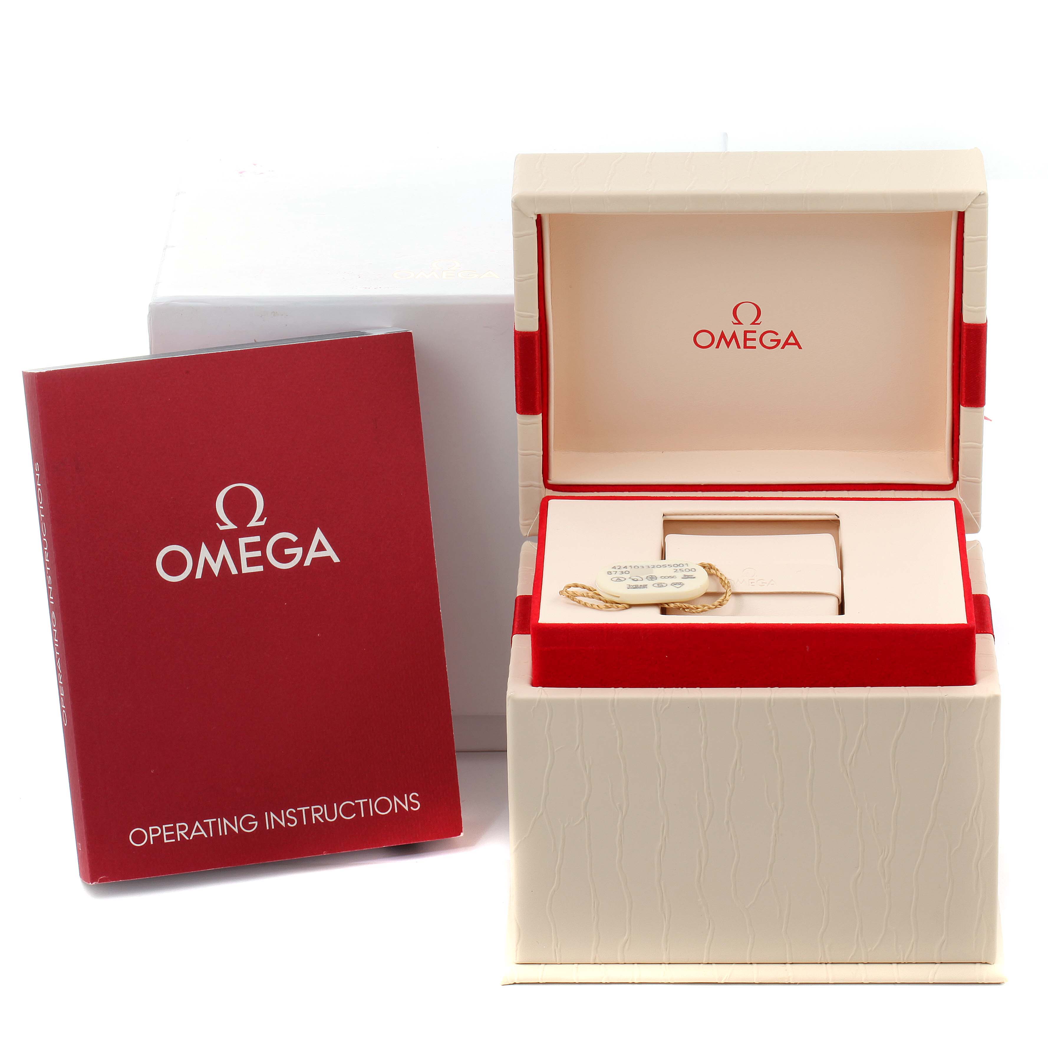 The image shows the packaging, instruction manual, and empty watch box for an Omega 424.10.33.20.55.001 Women's Stainless Steel Mother of Pearl Dial 424.10.33.20.55.001 Women's Stainless Steel Mother of Pearl Dial DeVille Prestige Butterfly Diamond Watch 424.10.33.20.55.001.