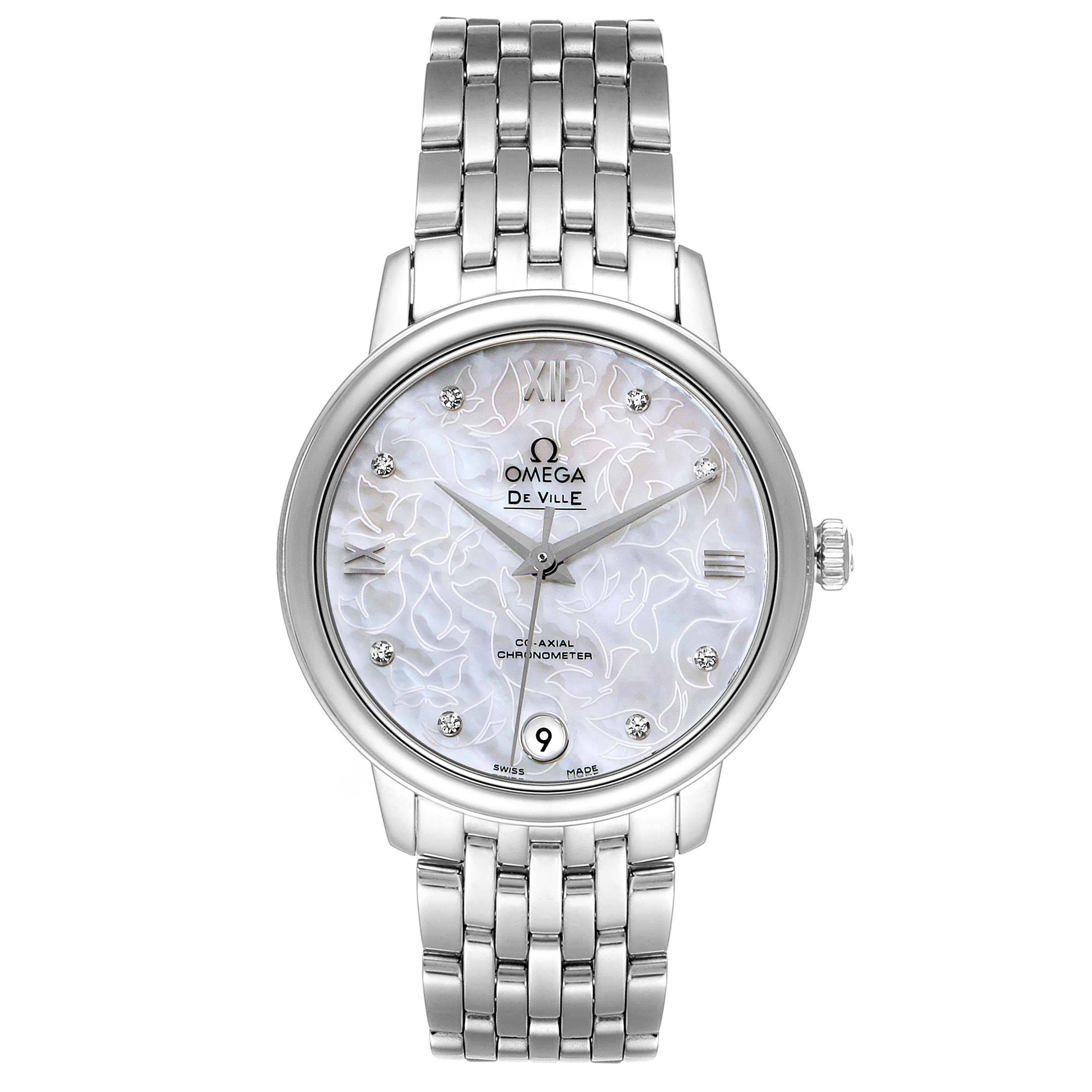 The image shows a front view of the Omega 424.10.33.20.55.001 Women's Stainless Steel Mother of Pearl Dial 424.10.33.20.55.001 Women's Stainless Steel Mother of Pearl Dial DeVille Prestige Butterfly Diamond Watch 424.10.33.20.55.001, highlighting its face and bracelet.