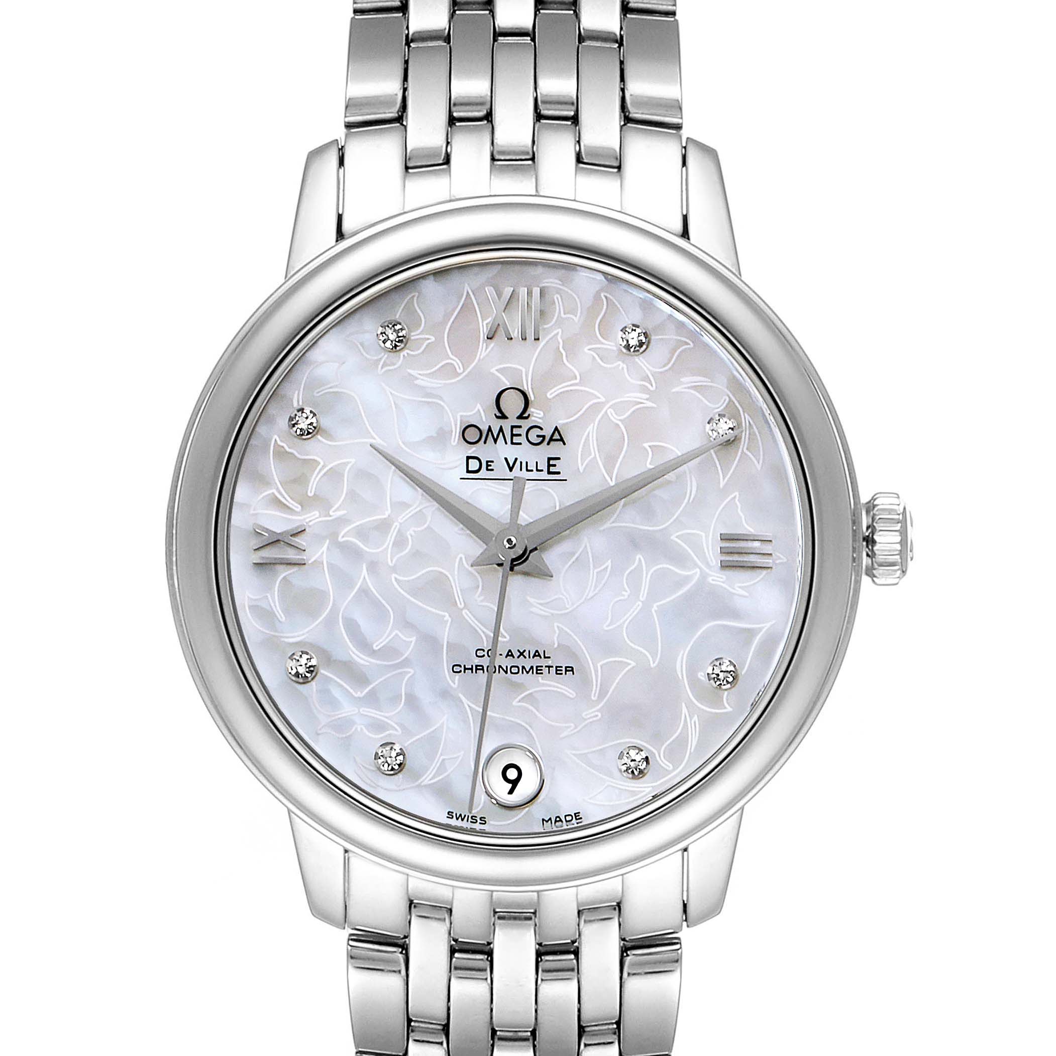 The Omega 424.10.33.20.55.001 Women's Stainless Steel Mother of Pearl Dial 424.10.33.20.55.001 Women's Stainless Steel Mother of Pearl Dial DeVille Prestige Butterfly Diamond Watch 424.10.33.20.55.001 is shown from the front, displaying its face, bracelet, and dial.