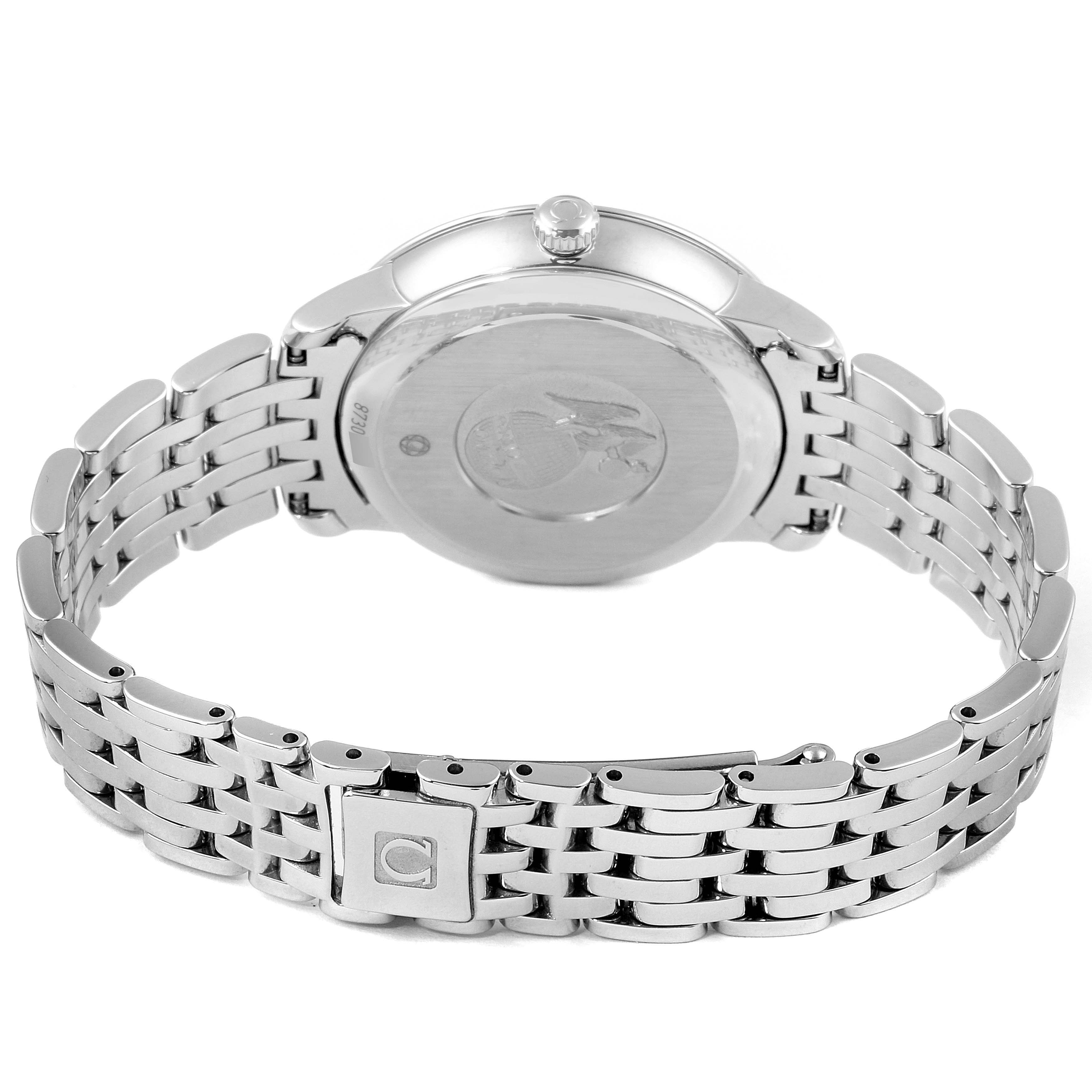 The image shows the back view of the Omega 424.10.33.20.55.001 Women's Stainless Steel Mother of Pearl Dial 424.10.33.20.55.001 Women's Stainless Steel Mother of Pearl Dial DeVille Prestige Butterfly Diamond Watch 424.10.33.20.55.001, focused on the clasp and bracelet.