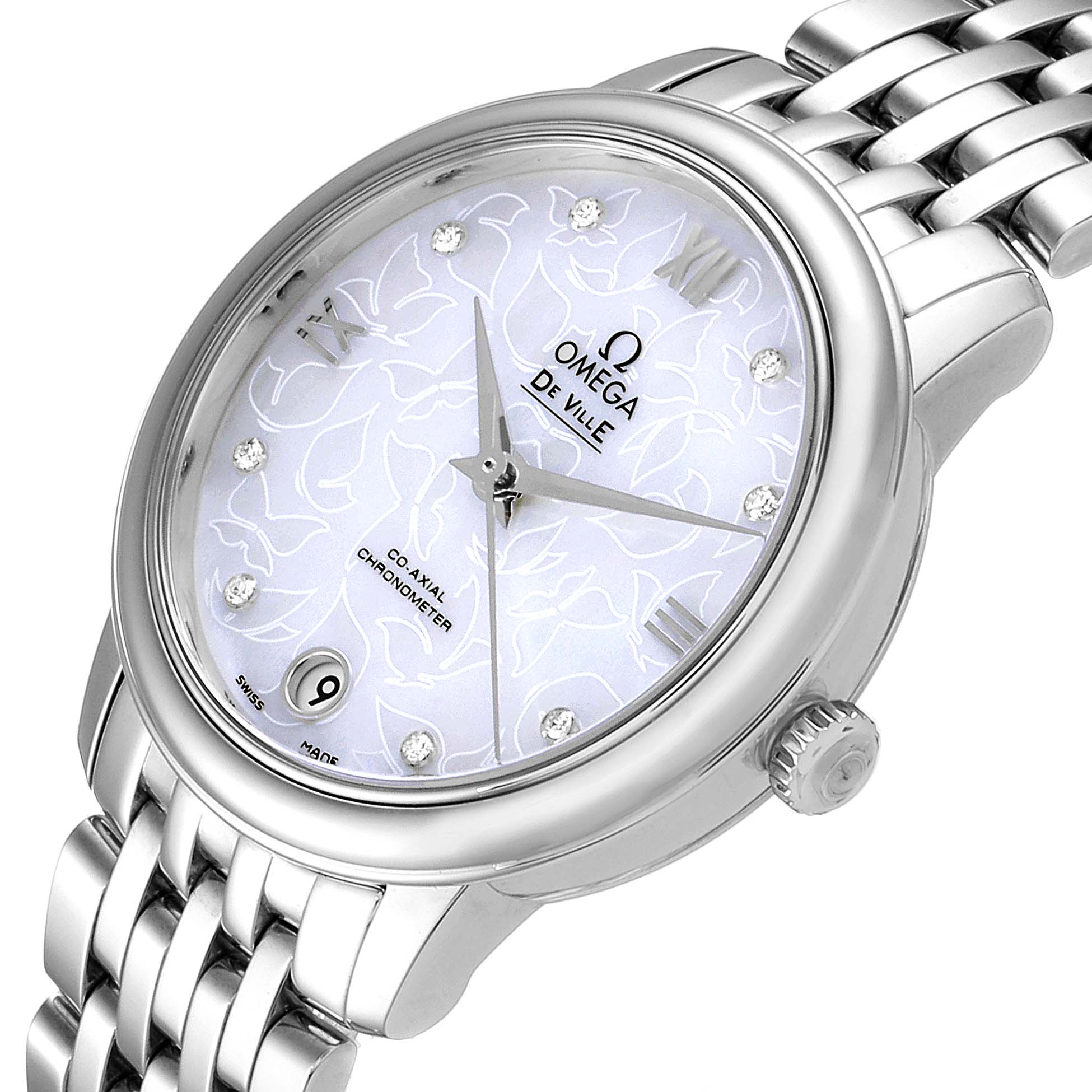 The image shows the face and partial bracelet of the Omega 424.10.33.20.55.001 Women's Stainless Steel Mother of Pearl Dial 424.10.33.20.55.001 Women's Stainless Steel Mother of Pearl Dial DeVille Prestige Butterfly Diamond Watch 424.10.33.20.55.001 at an angle.