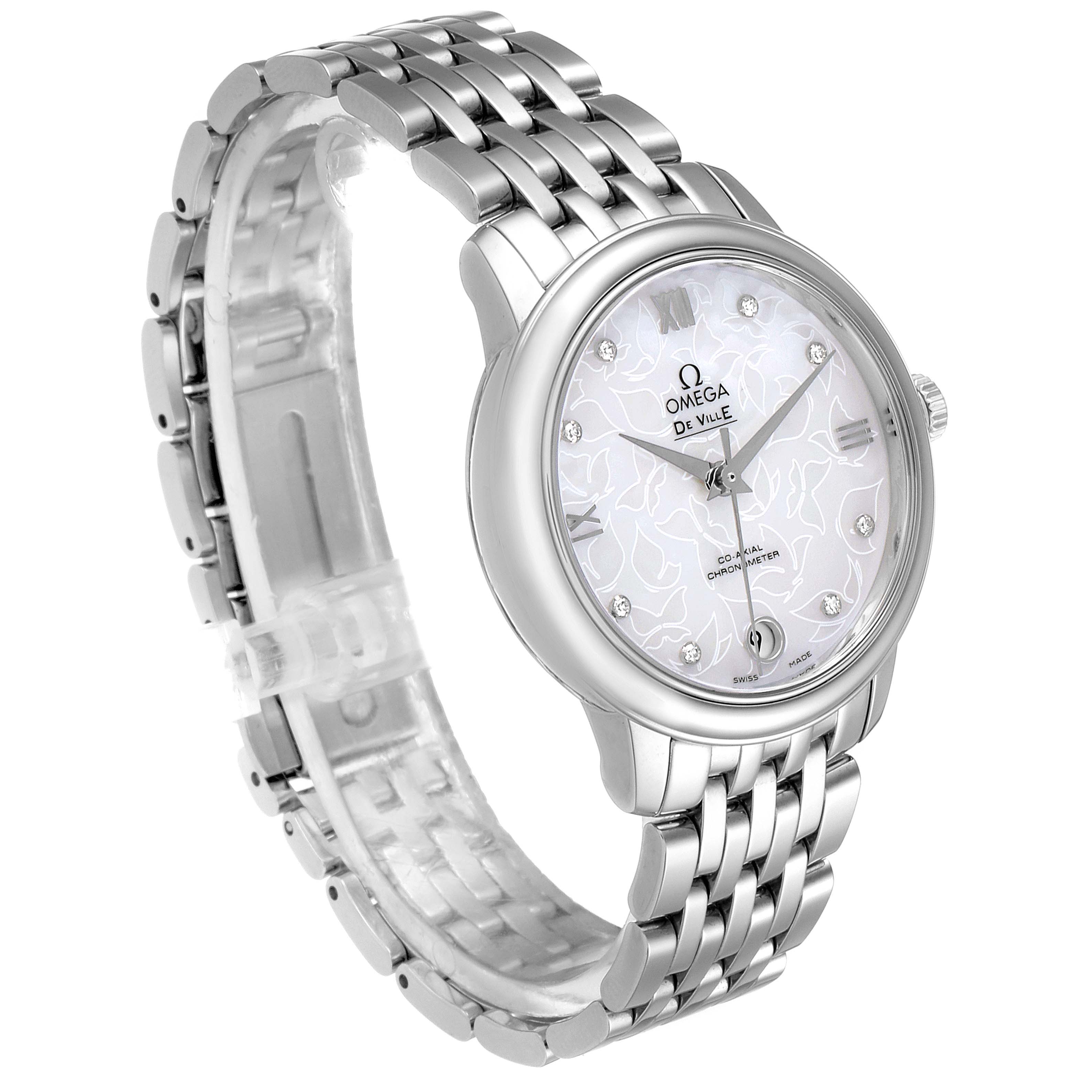 The image showcases the Omega 424.10.33.20.55.001 Women's Stainless Steel Mother of Pearl Dial 424.10.33.20.55.001 Women's Stainless Steel Mother of Pearl Dial DeVille Prestige Butterfly Diamond Watch 424.10.33.20.55.001 at a three-quarter angle, highlighting its face and bracelet.