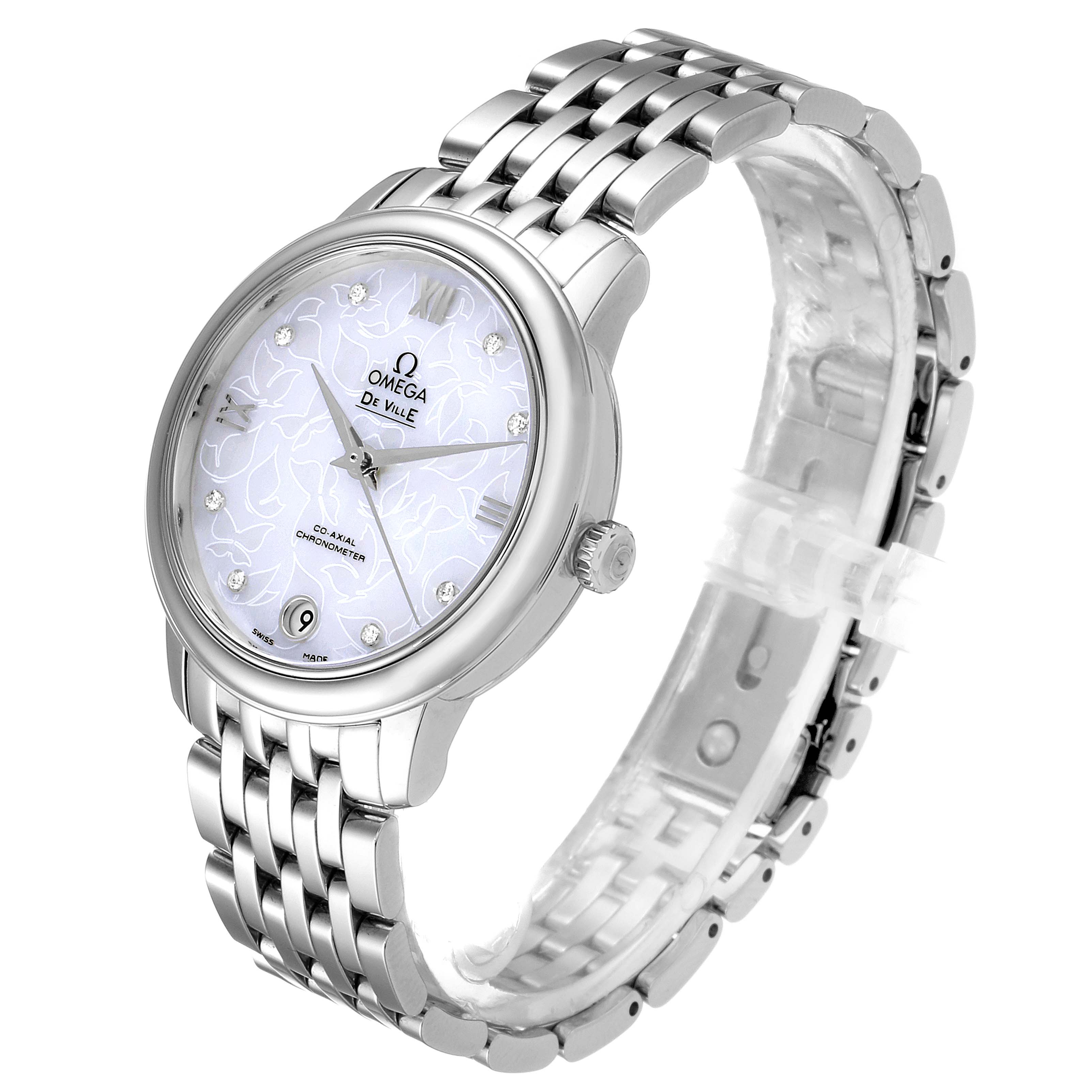 The image shows a side angle of the Omega 424.10.33.20.55.001 Women's Stainless Steel Mother of Pearl Dial 424.10.33.20.55.001 Women's Stainless Steel Mother of Pearl Dial DeVille Prestige Butterfly Diamond Watch, highlighting its face, bracelet, and crown.
