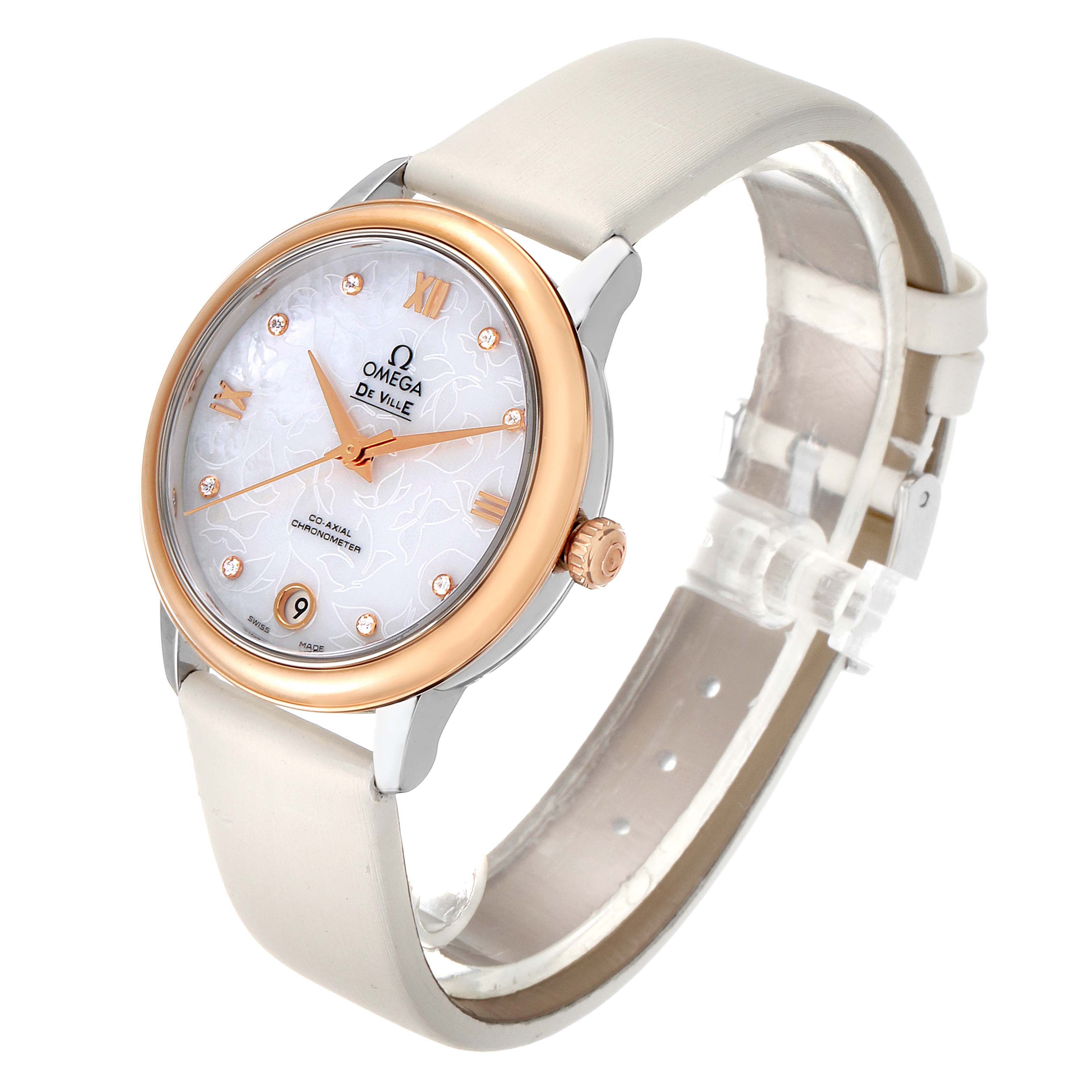 This image shows a side angle of the Omega 424.22.33.20.55.001 Women's Steel and Gold (two tone) Mother of Pearl Dial 424.22.33.20.55.001 Women's Steel and Gold (two tone) Mother of Pearl Dial DeVille Prestige Butterfly Diamond Watch model 424.22.33.20.55.001.