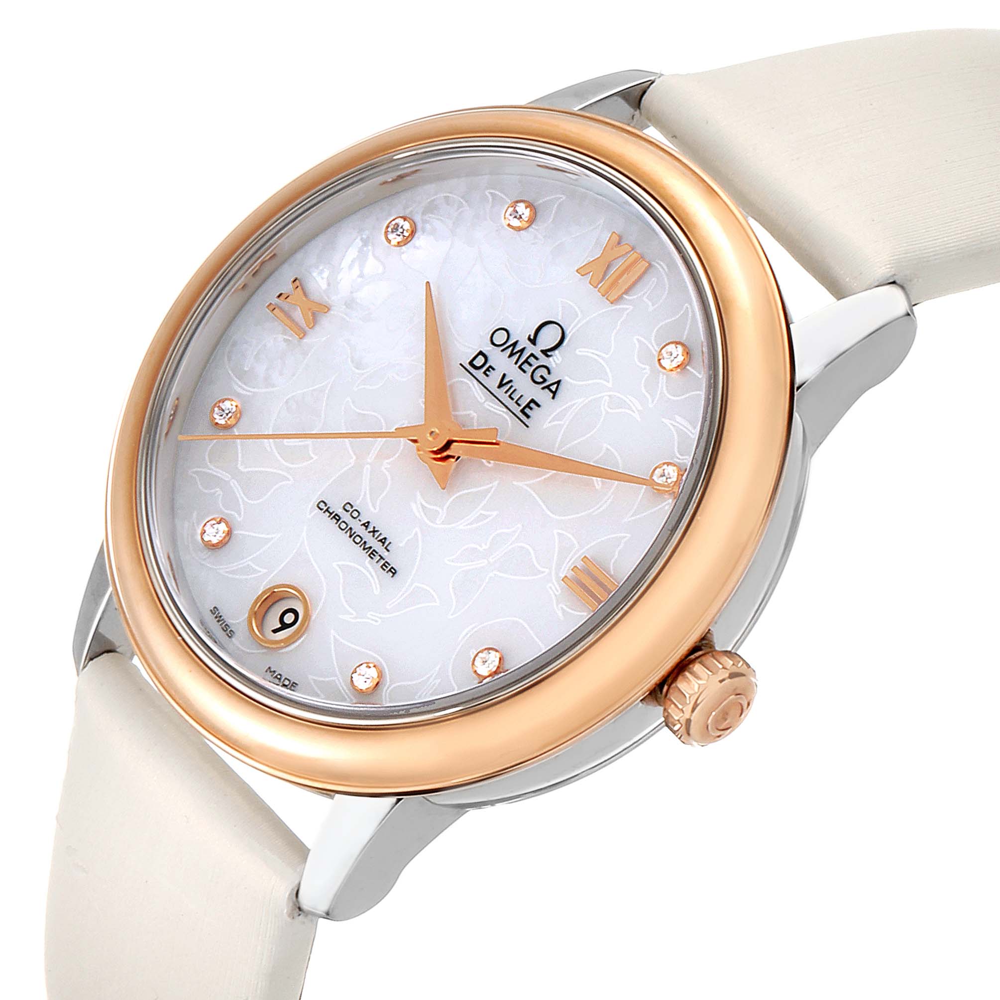 The image shows the face, bezel, and part of the strap of the Omega 424.22.33.20.55.001 Women's Steel and Gold (two tone) Mother of Pearl Dial 424.22.33.20.55.001 Women's Steel and Gold (two tone) Mother of Pearl Dial DeVille Prestige Butterfly Diamond Watch, model 424.22.33.20.55.001, at an angled view.