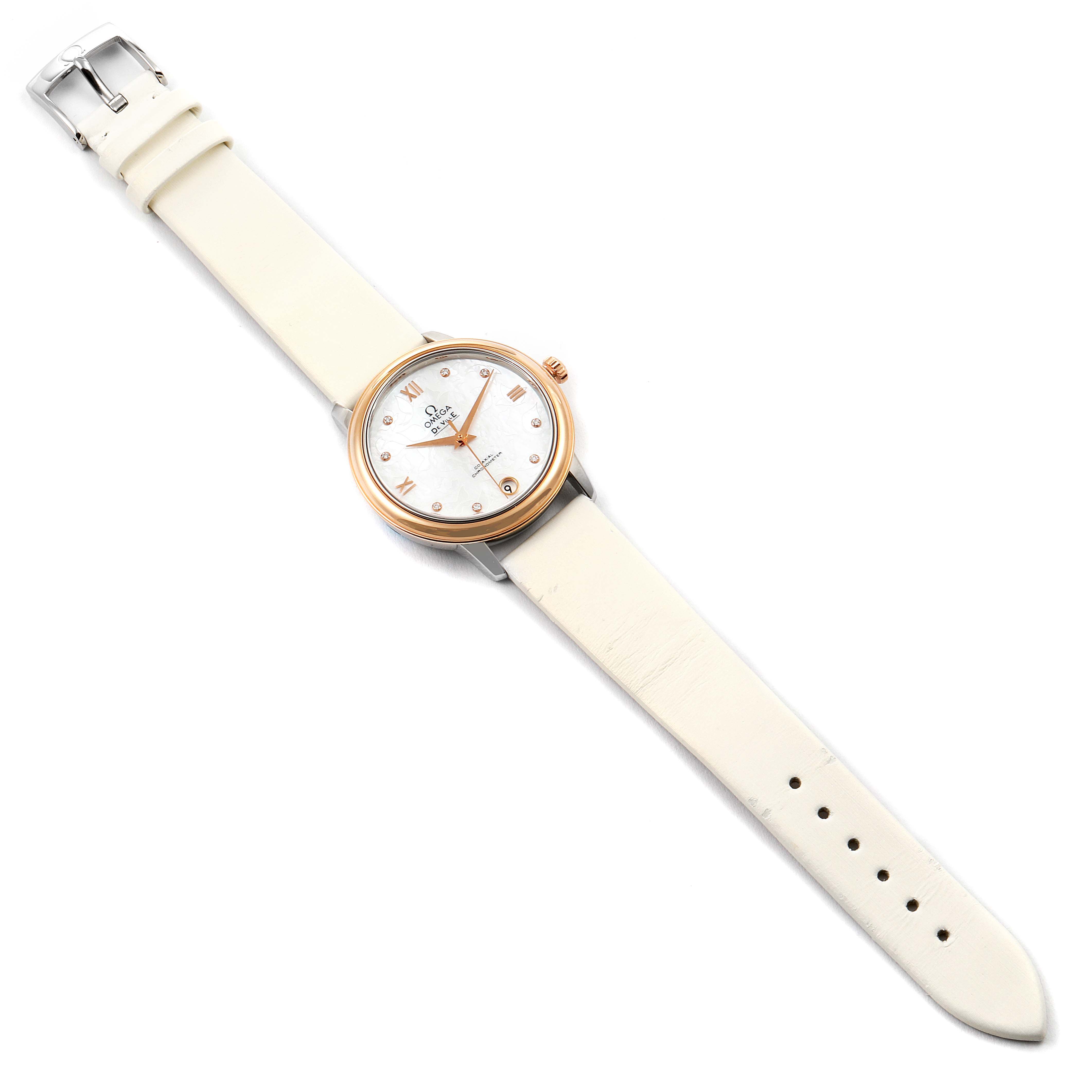 The image shows an aerial view of the Omega 424.22.33.20.55.001 Women's Steel and Gold (two tone) Mother of Pearl Dial 424.22.33.20.55.001 Women's Steel and Gold (two tone) Mother of Pearl Dial DeVille Prestige Butterfly Diamond Watch 424.22.33.20.55.001 with its entire band and face visible.