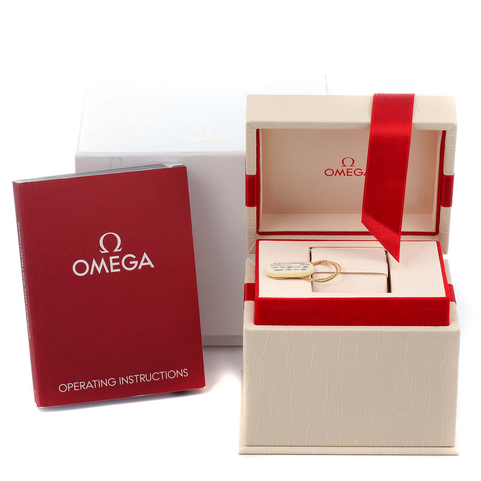 The image shows packaging, an operating manual, and tags for the Omega 424.22.33.20.55.001 Women's Steel and Gold (two tone) Mother of Pearl Dial 424.22.33.20.55.001 Women's Steel and Gold (two tone) Mother of Pearl Dial DeVille Prestige Butterfly Diamond Watch model 424.22.33.20.55.001.