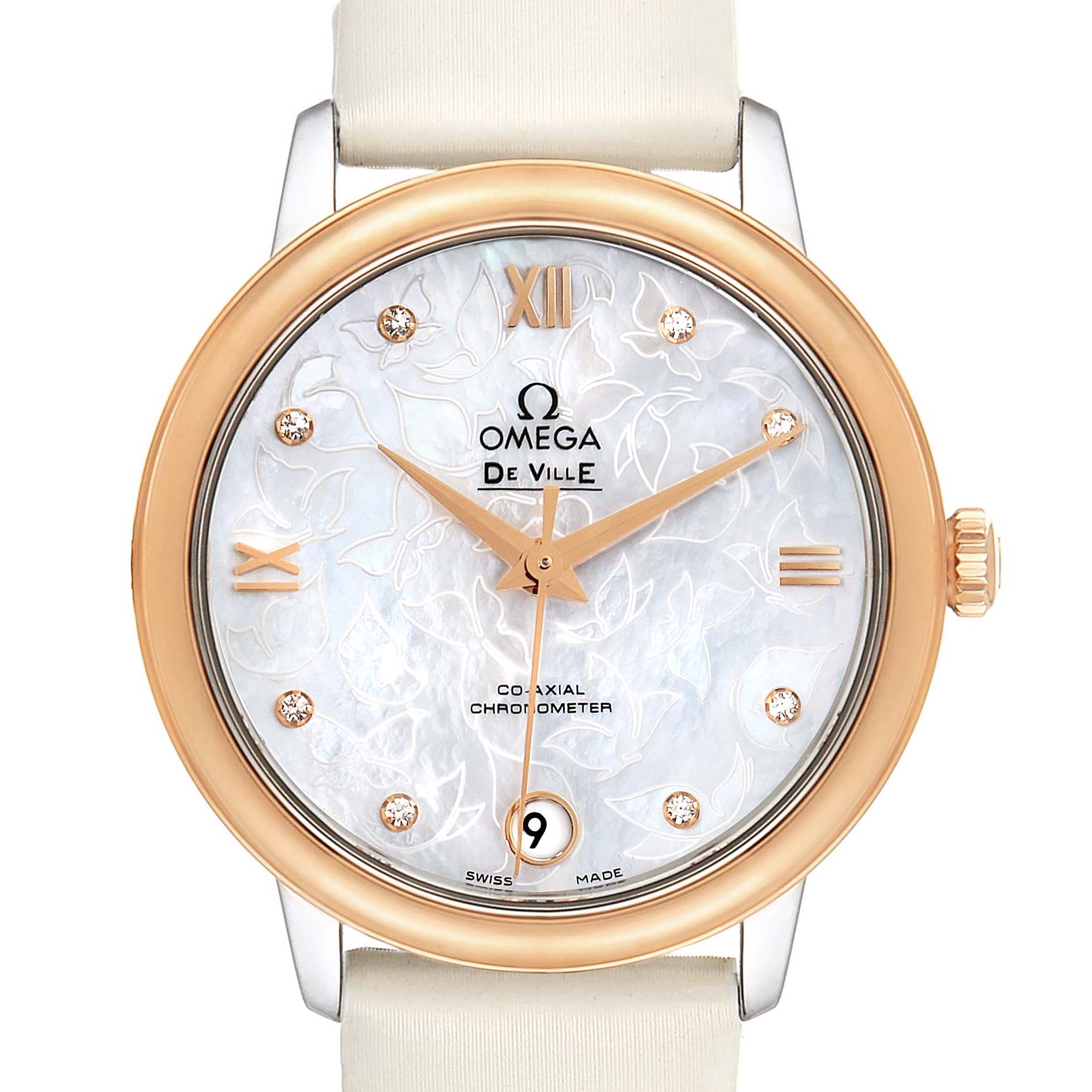 The image shows a front view of the Omega 424.22.33.20.55.001 Women's Steel and Gold (two tone) Mother of Pearl Dial 424.22.33.20.55.001 Women's Steel and Gold (two tone) Mother of Pearl Dial DeVille Prestige Butterfly Diamond Watch 424.22.33.20.55.001 Unworn model.