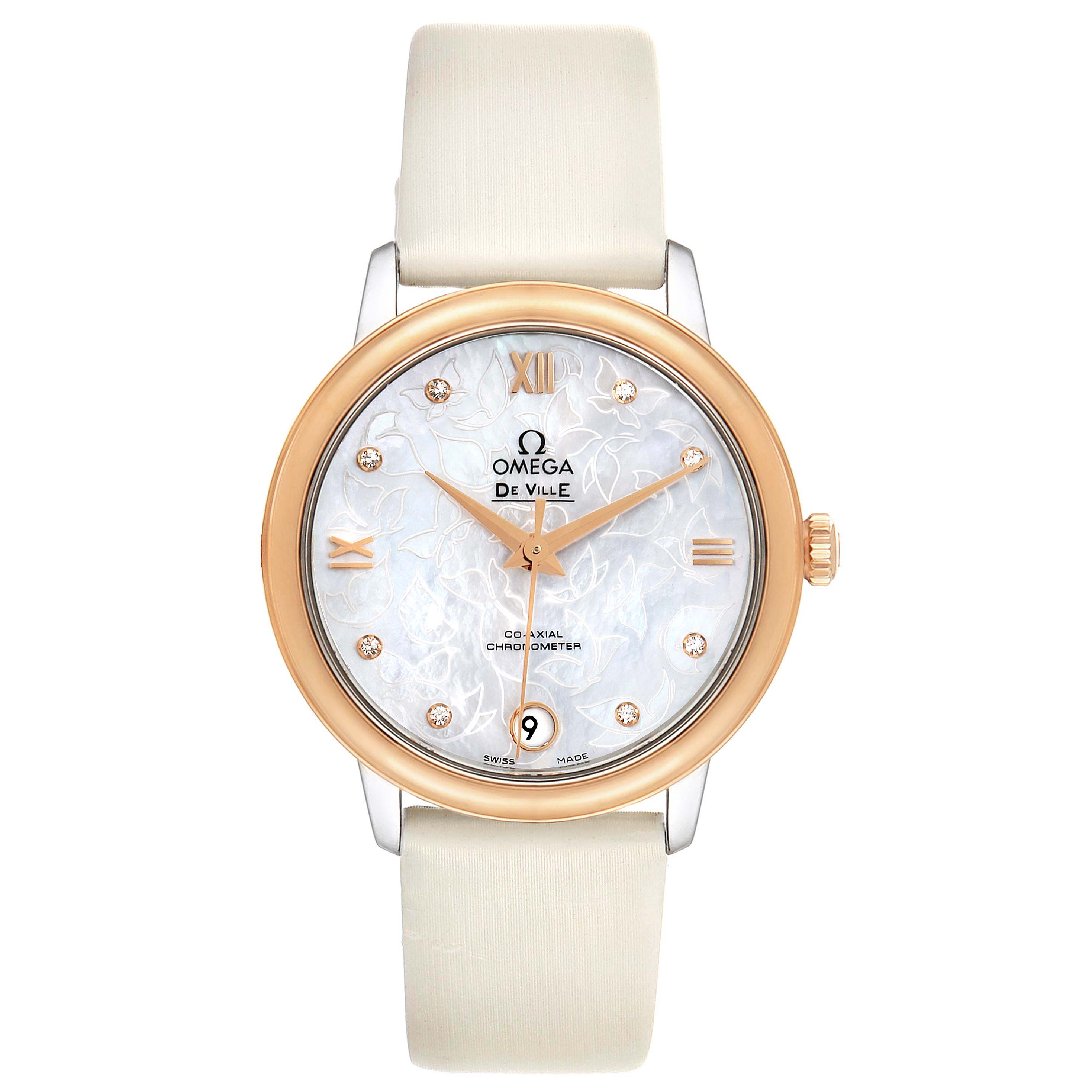 The image shows a front view of the Omega 424.22.33.20.55.001 Women's Steel and Gold (two tone) Mother of Pearl Dial 424.22.33.20.55.001 Women's Steel and Gold (two tone) Mother of Pearl Dial DeVille Prestige Butterfly Diamond Watch 424.22.33.20.55.001.