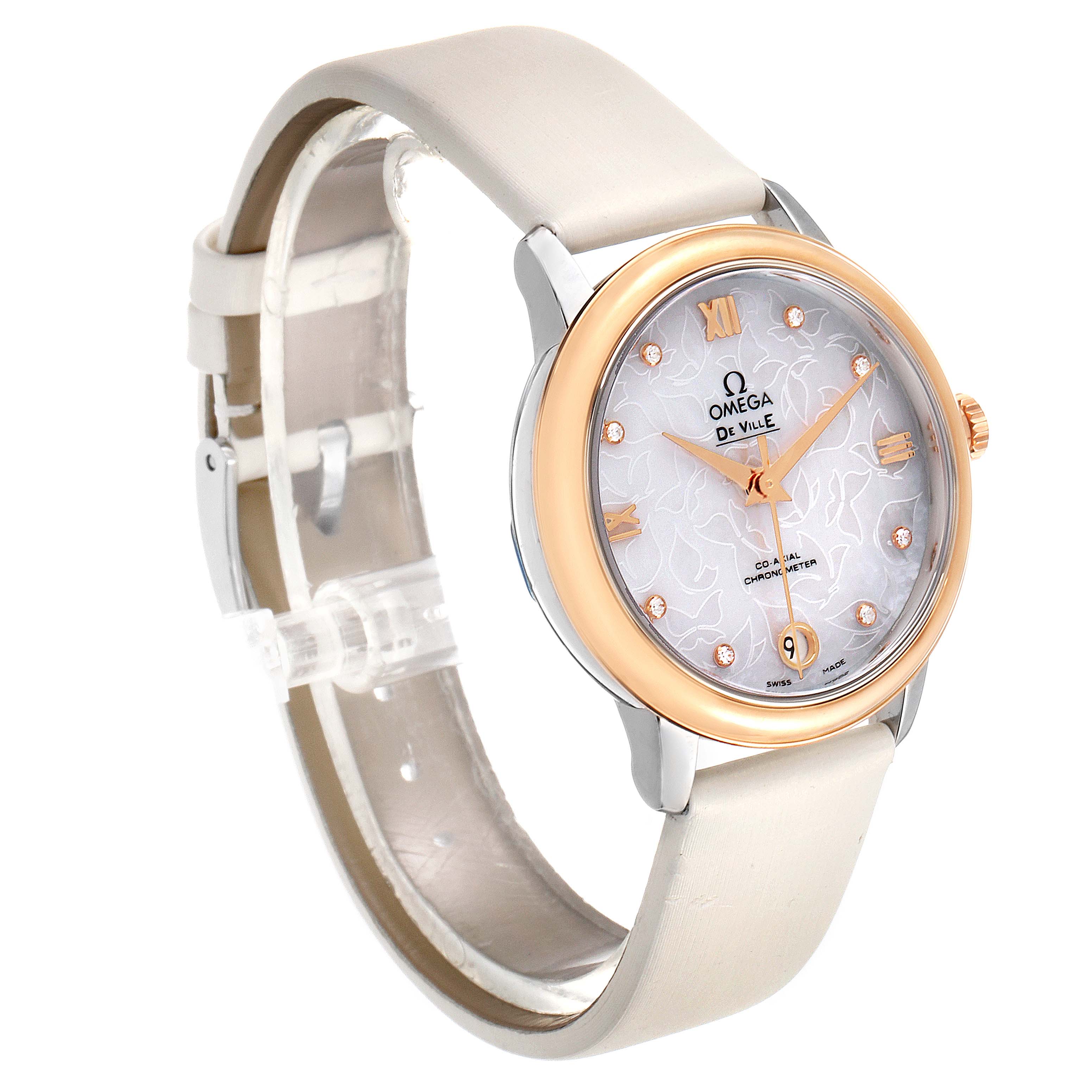 The image shows a frontal angle of the Omega 424.22.33.20.55.001 Women's Steel and Gold (two tone) Mother of Pearl Dial 424.22.33.20.55.001 Women's Steel and Gold (two tone) Mother of Pearl Dial DeVille Prestige Butterfly Diamond Watch 424.22.33.20.55.001, highlighting the watch face and band.