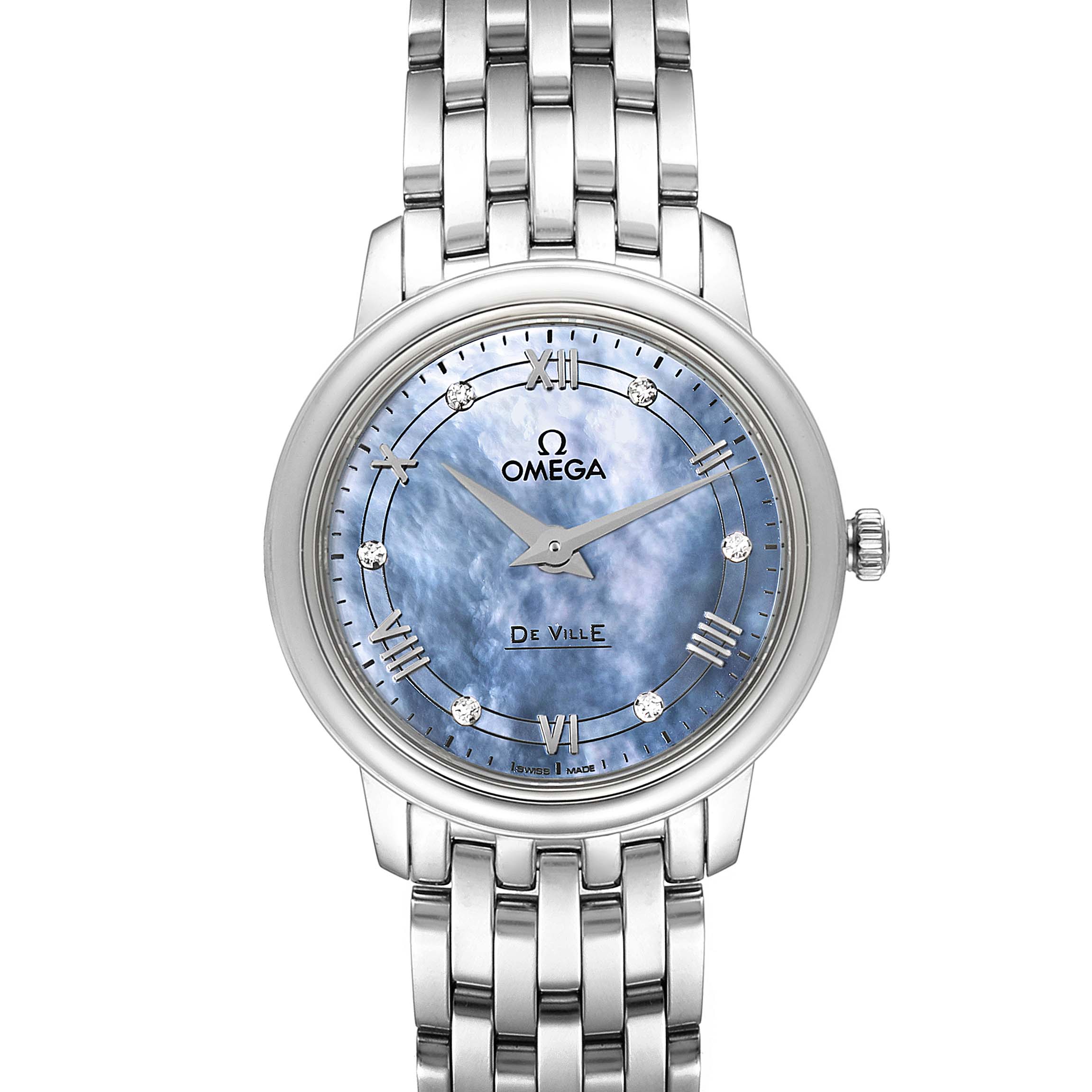 The watch shown is an Omega 424.10.27.60.57.001 Women's Stainless Steel Mother of Pearl Dial 424.10.27.60.57.001 Women's Stainless Steel Mother of Pearl Dial DeVille Prestige MOP Diamond Ladies Watch model 424.10.27.60.57.001 viewed from the front.