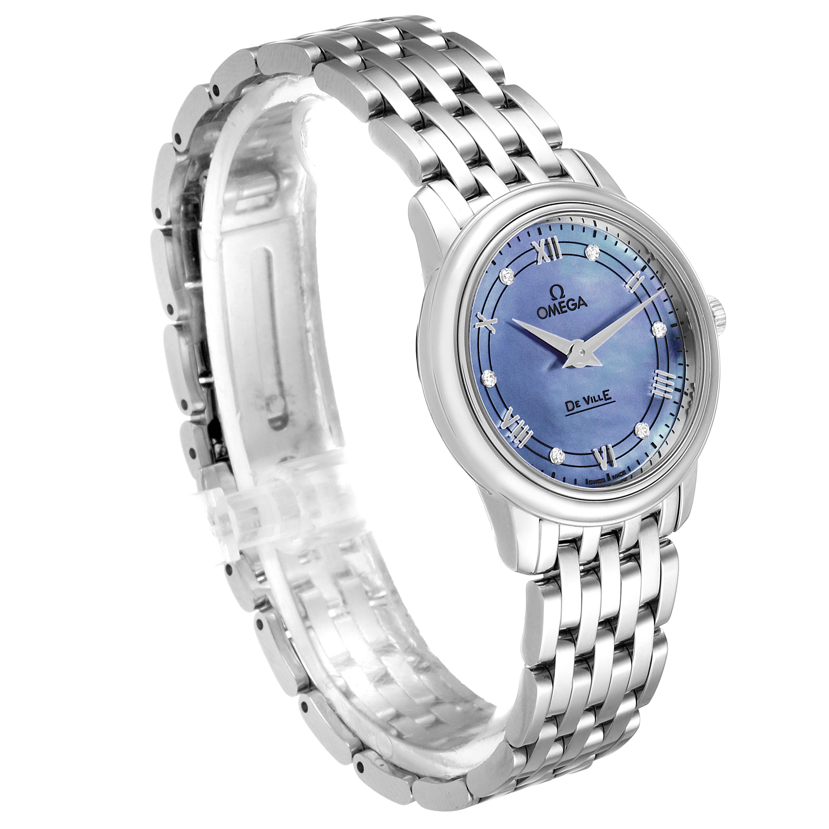The Omega 424.10.27.60.57.001 Women's Stainless Steel Mother of Pearl Dial 424.10.27.60.57.001 Women's Stainless Steel Mother of Pearl Dial DeVille Prestige MOP Diamond Ladies Watch 424.10.27.60.57.001 is shown at a three-quarter angle, displaying the face, bezel, and bracelet.