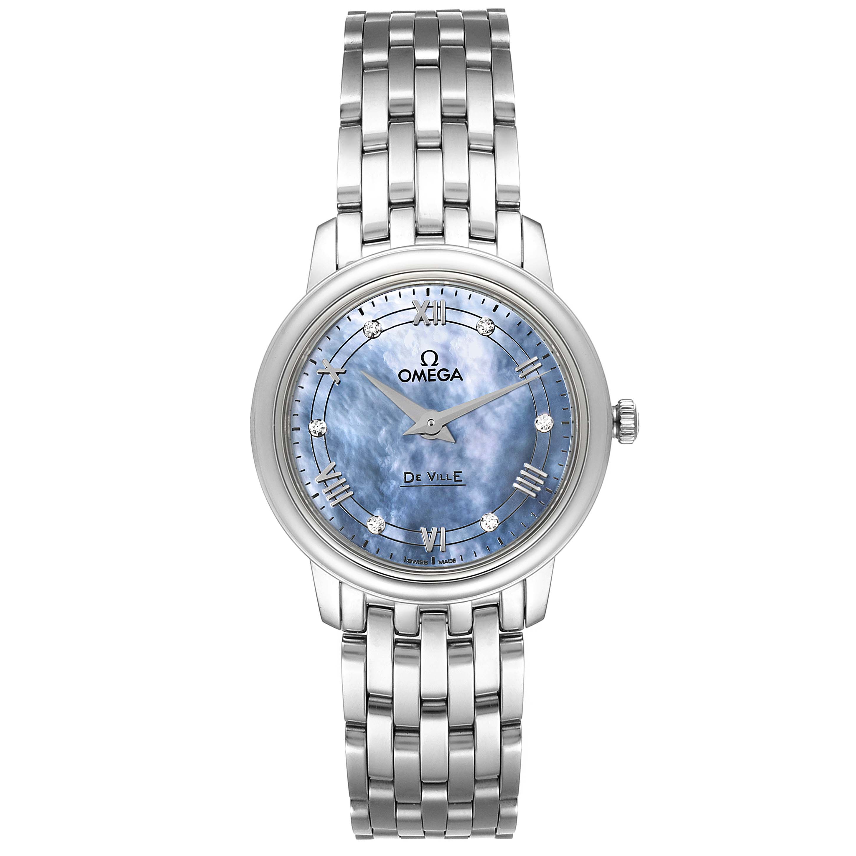 The image shows a front view of the Omega 424.10.27.60.57.001 Women's Stainless Steel Mother of Pearl Dial 424.10.27.60.57.001 Women's Stainless Steel Mother of Pearl Dial DeVille Prestige MOP Diamond Ladies Watch 424.10.27.60.57.001.