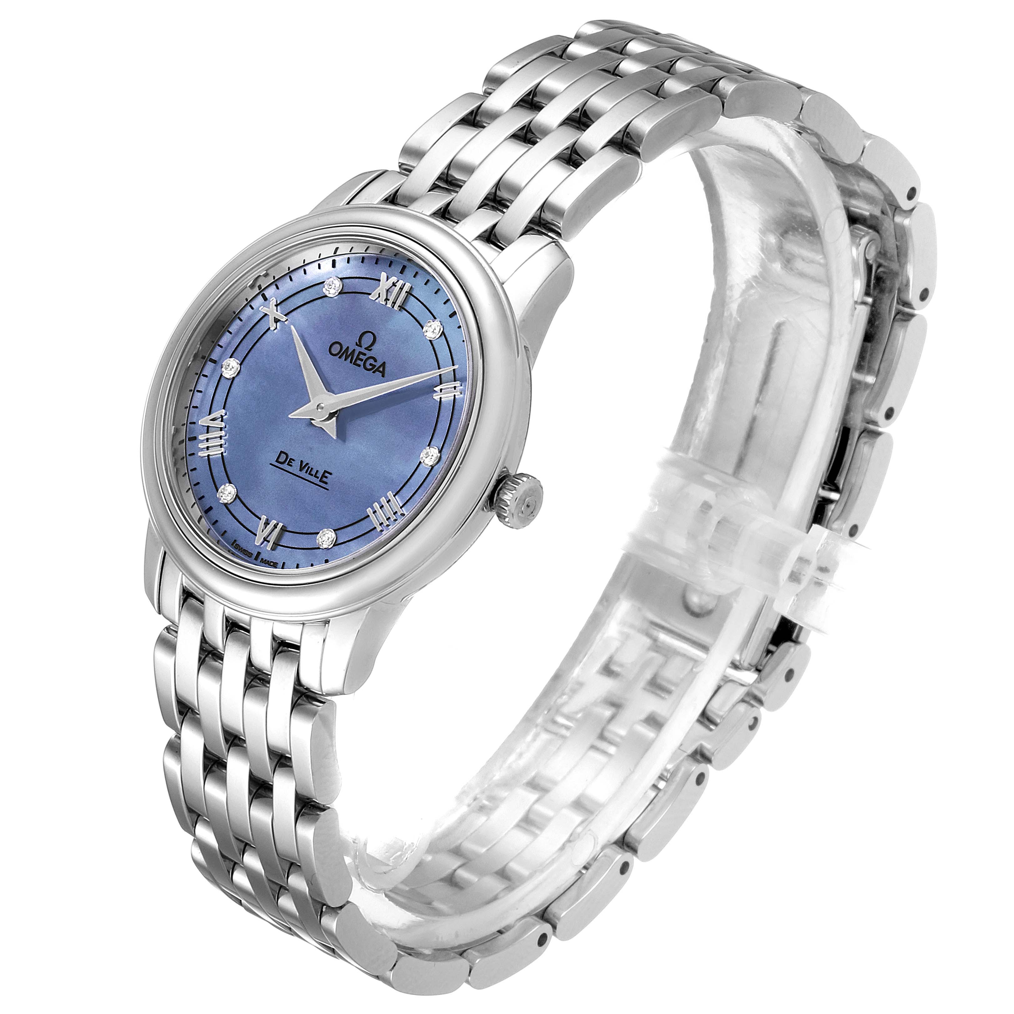 The Omega 424.10.27.60.57.001 Women's Stainless Steel Mother of Pearl Dial 424.10.27.60.57.001 Women's Stainless Steel Mother of Pearl Dial DeVille Prestige MOP Diamond Ladies Watch model 424.10.27.60.57.001 is shown from an angled side view highlighting its face and bracelet.