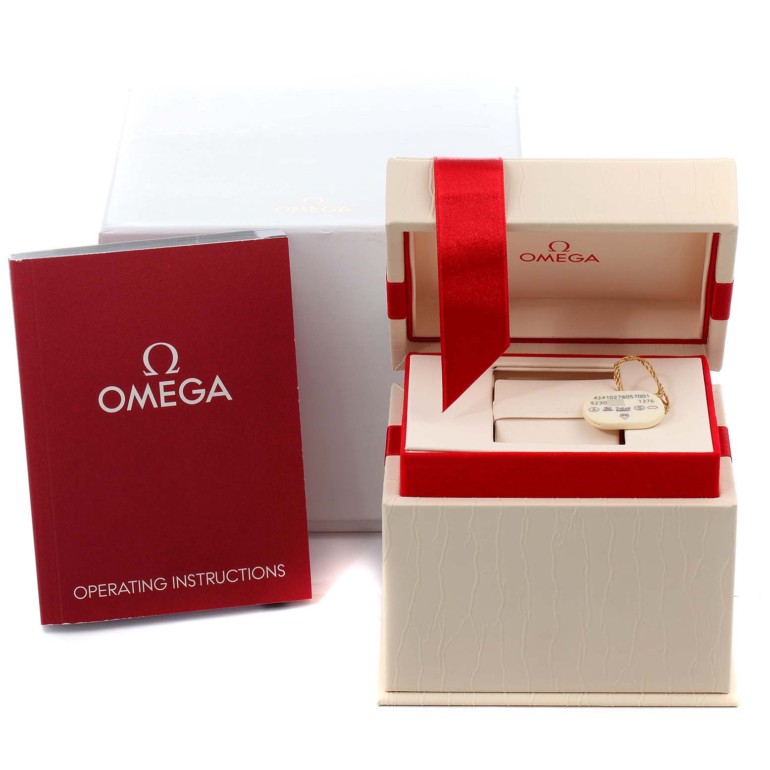 The image shows the Omega 424.10.27.60.57.001 Women's Stainless Steel Mother of Pearl Dial 424.10.27.60.57.001 Women's Stainless Steel Mother of Pearl Dial DeVille Prestige MOP Diamond Ladies Watch model 424.10.27.60.57.001 packaging and operating instructions.