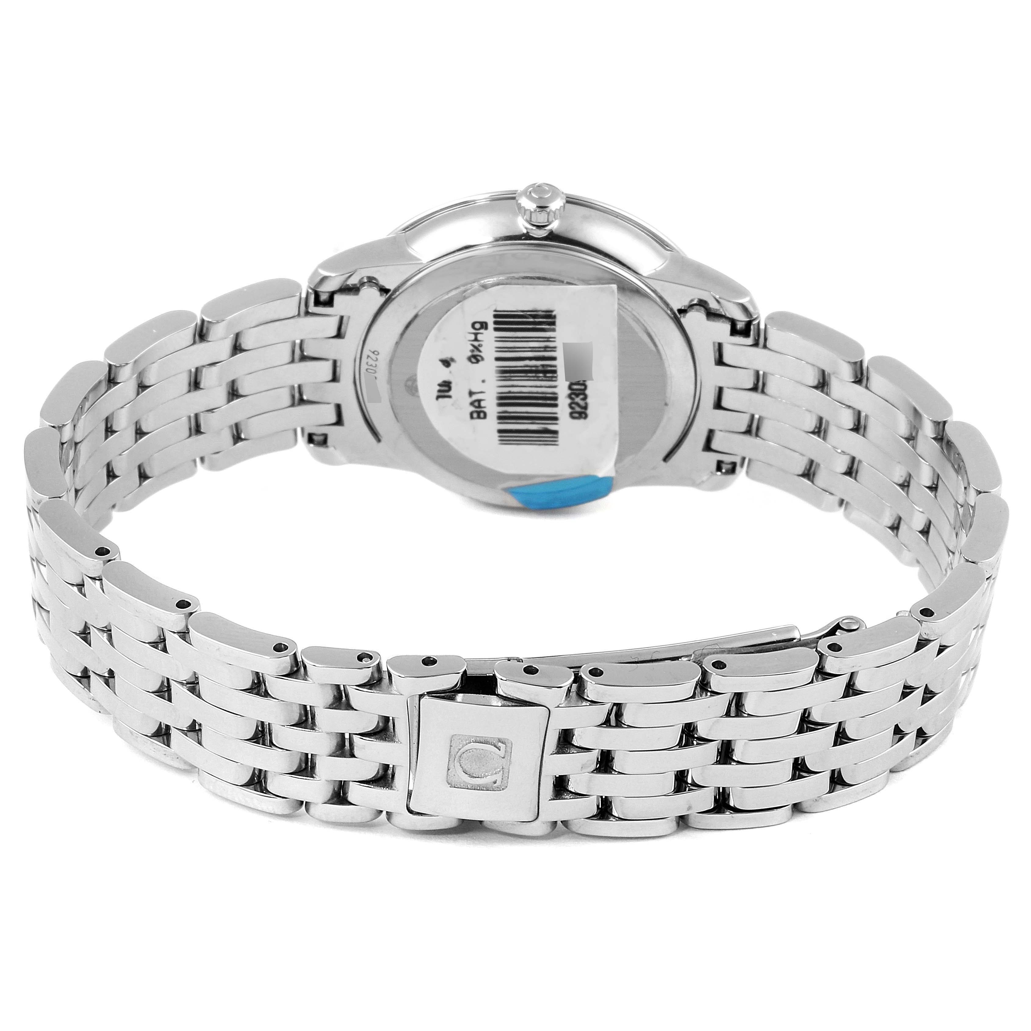 The image shows the back and bracelet of the Omega 424.10.27.60.57.001 Women's Stainless Steel Mother of Pearl Dial 424.10.27.60.57.001 Women's Stainless Steel Mother of Pearl Dial DeVille Prestige MOP Diamond Ladies Watch 424.10.27.60.57.001.