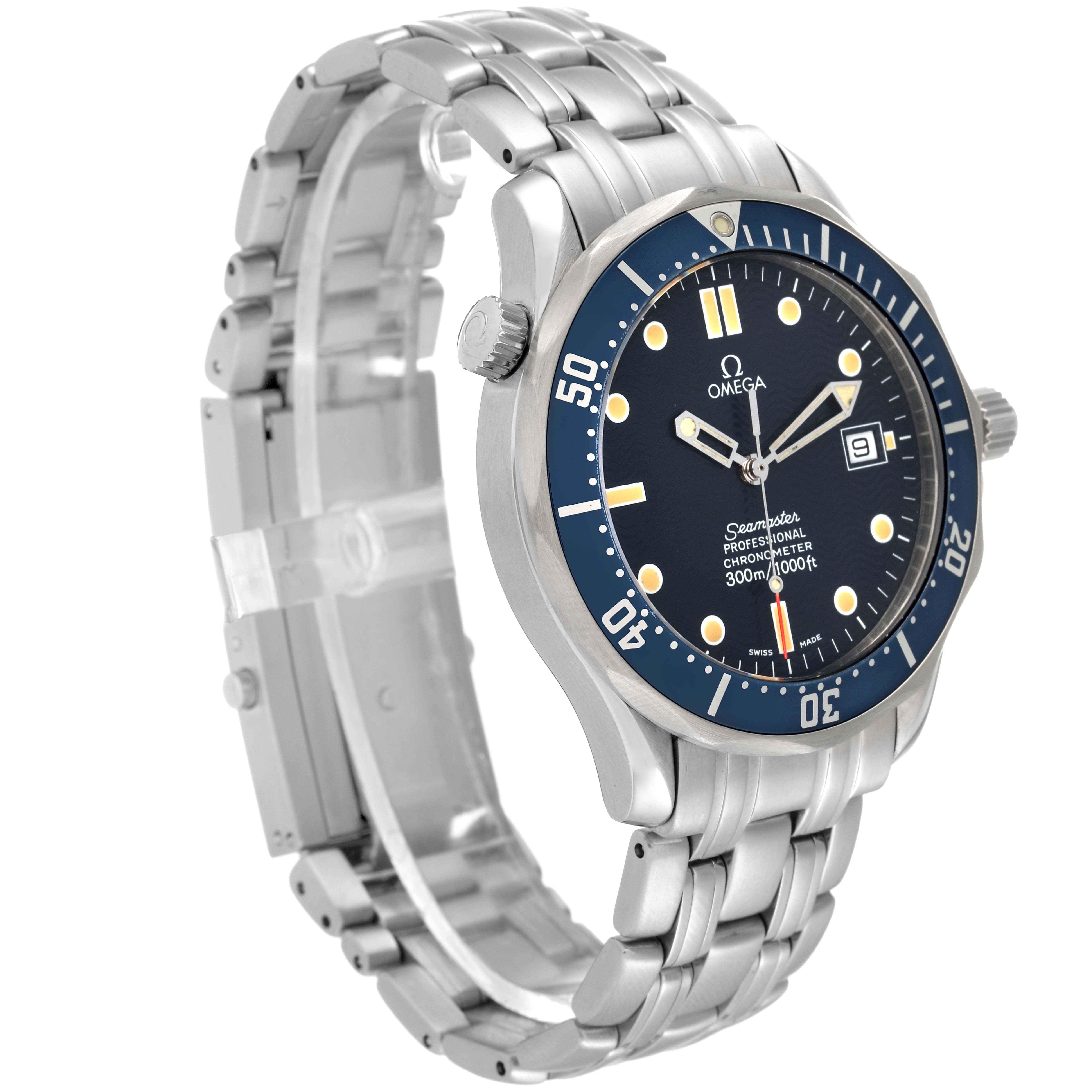 The image shows an Omega Seamaster 2531.80.00 Men's Stainless Steel Blue Dial 2531.80.00 Men's Stainless Steel Blue Dial watch at a three-quarter angle, displaying the face, bezel, crown, and metal bracelet.