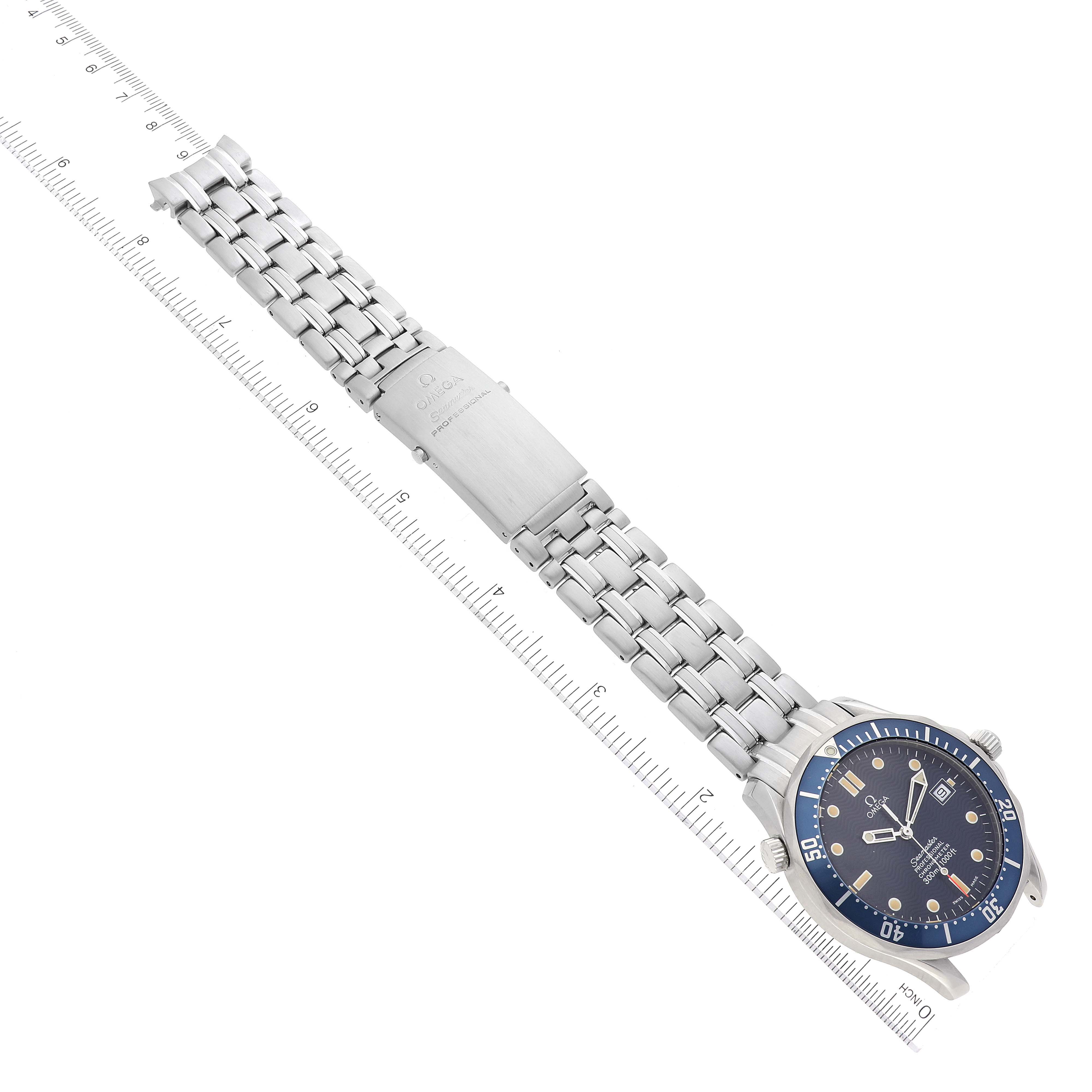 The Omega Seamaster 2531.80.00 Men's Stainless Steel Blue Dial 2531.80.00 Men's Stainless Steel Blue Dial watch is shown laid flat from a top-down angle, displaying the face and full metal bracelet with clasp.