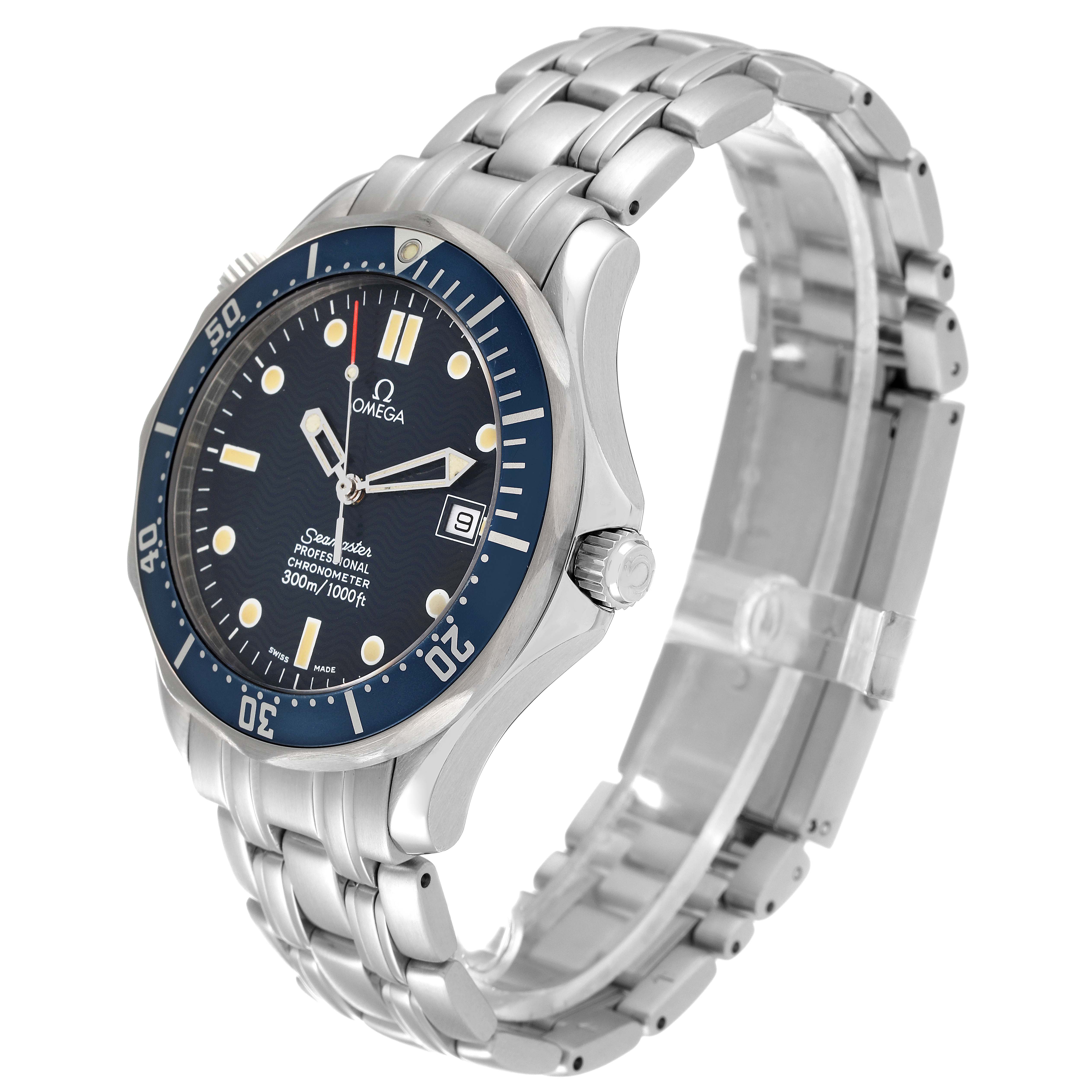 The image shows an Omega Seamaster 2531.80.00 Men's Stainless Steel Blue Dial 2531.80.00 Men's Stainless Steel Blue Dial watch at a 3/4 angle, detailing the dial, bezel, crown, and bracelet.