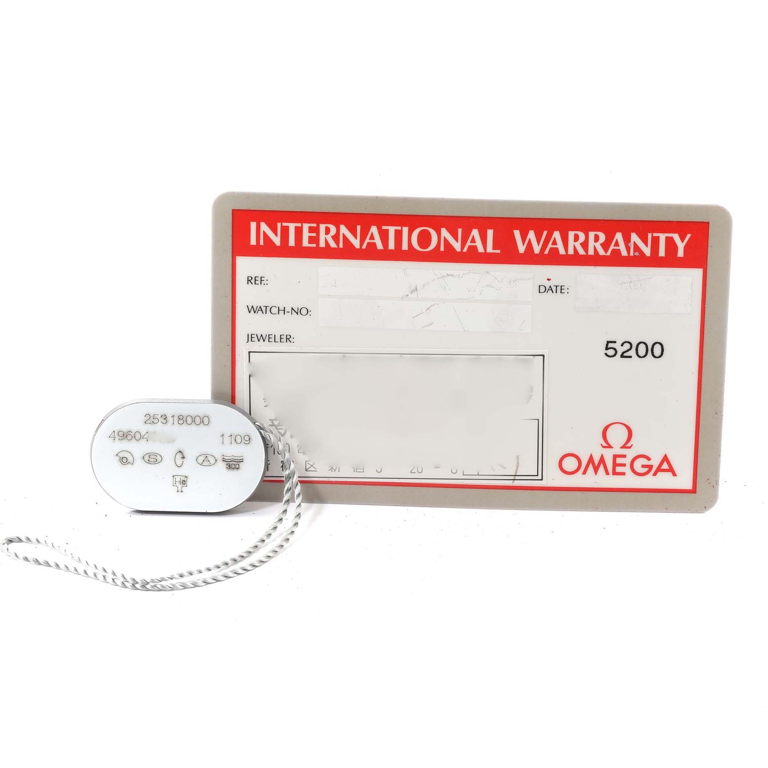 The image shows the international warranty card and a tag for an Omega Seamaster 2531.80.00 Men's Stainless Steel Blue Dial 2531.80.00 Men's Stainless Steel Blue Dial watch.