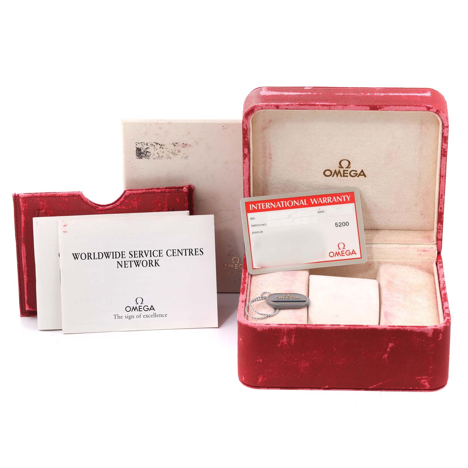 The image shows an Omega Seamaster 2531.80.00 Men's Stainless Steel Blue Dial 2531.80.00 Men's Stainless Steel Blue Dial watch box, international warranty card, service booklets, and a hanging tag.