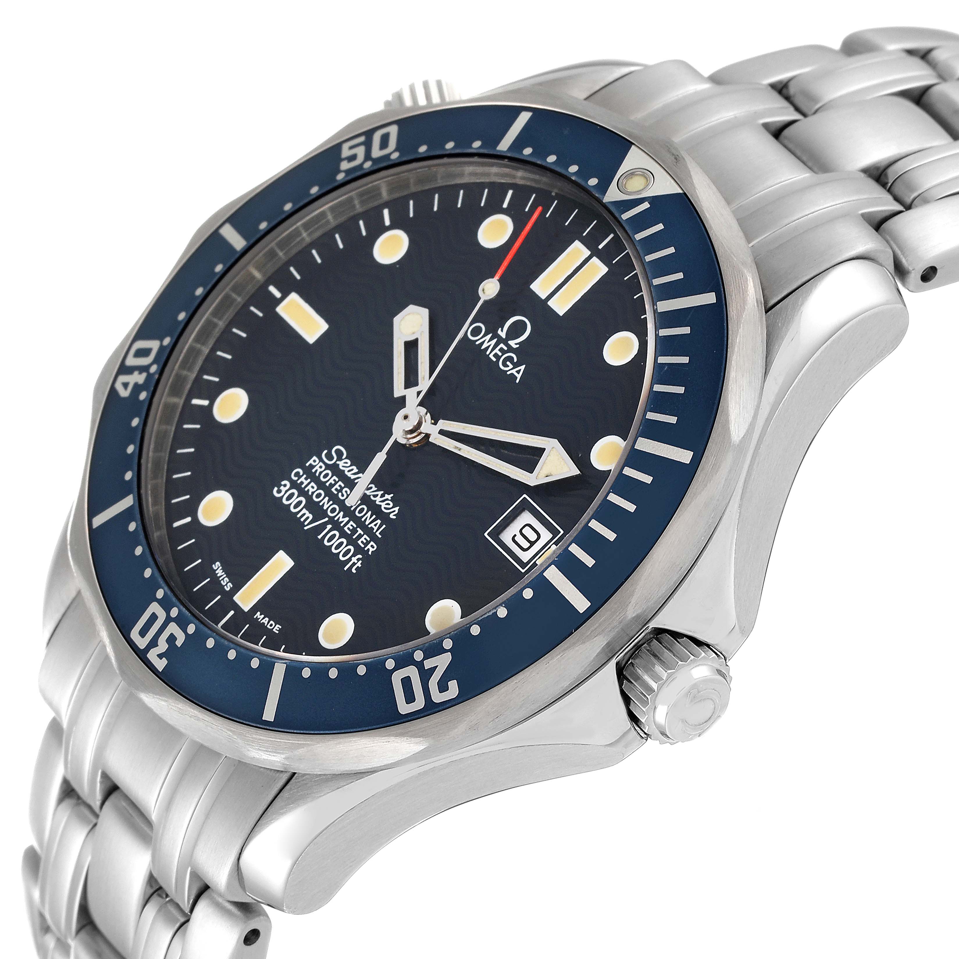 The image showcases an Omega Seamaster 2531.80.00 Men's Stainless Steel Blue Dial 2531.80.00 Men's Stainless Steel Blue Dial watch at a three-quarter angle, highlighting the face, bezel, crown, and bracelet.