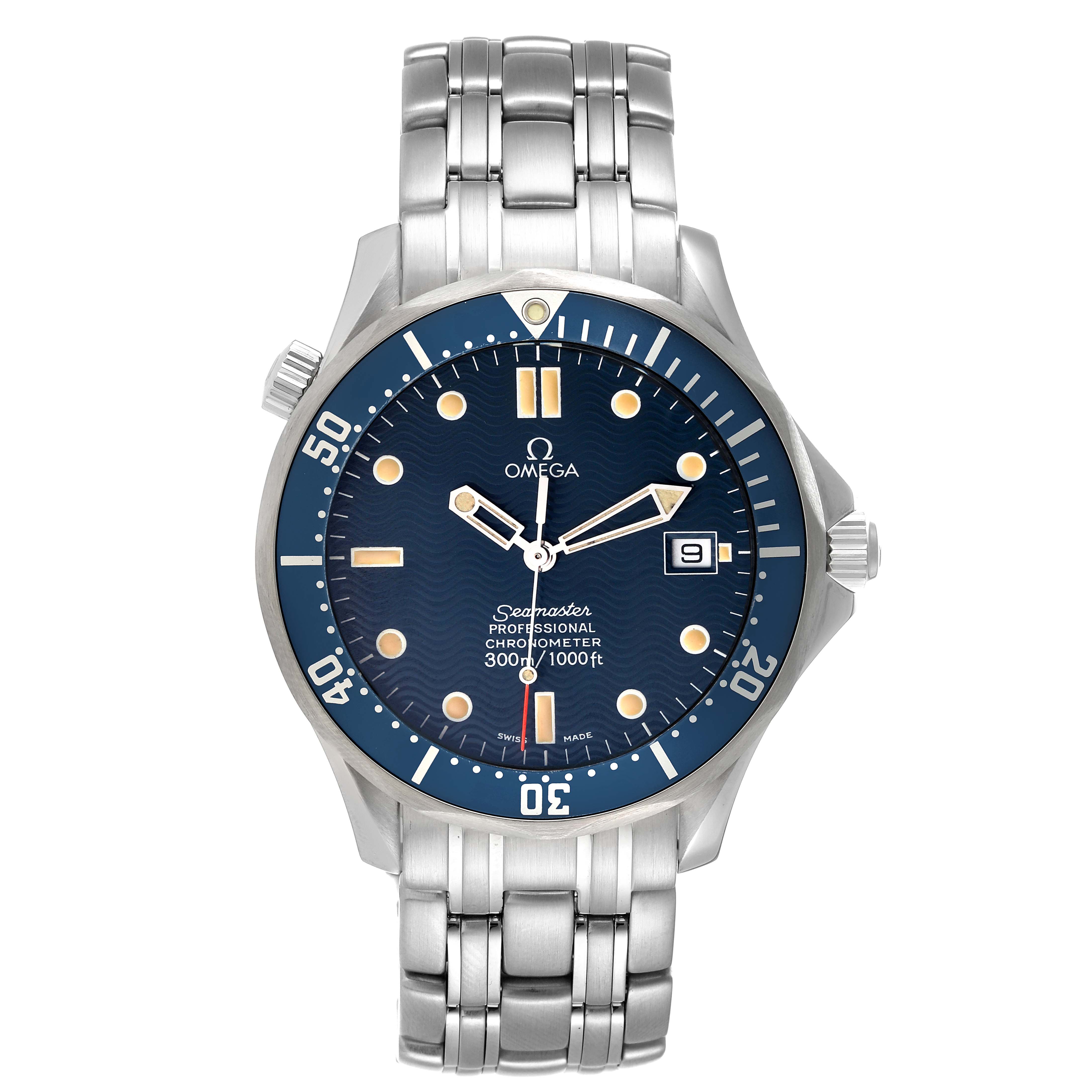 The image shows the front view of the Omega Seamaster 2531.80.00 Men's Stainless Steel Blue Dial 2531.80.00 Men's Stainless Steel Blue Dial watch, displaying the dial, bezel, crown, and bracelet.