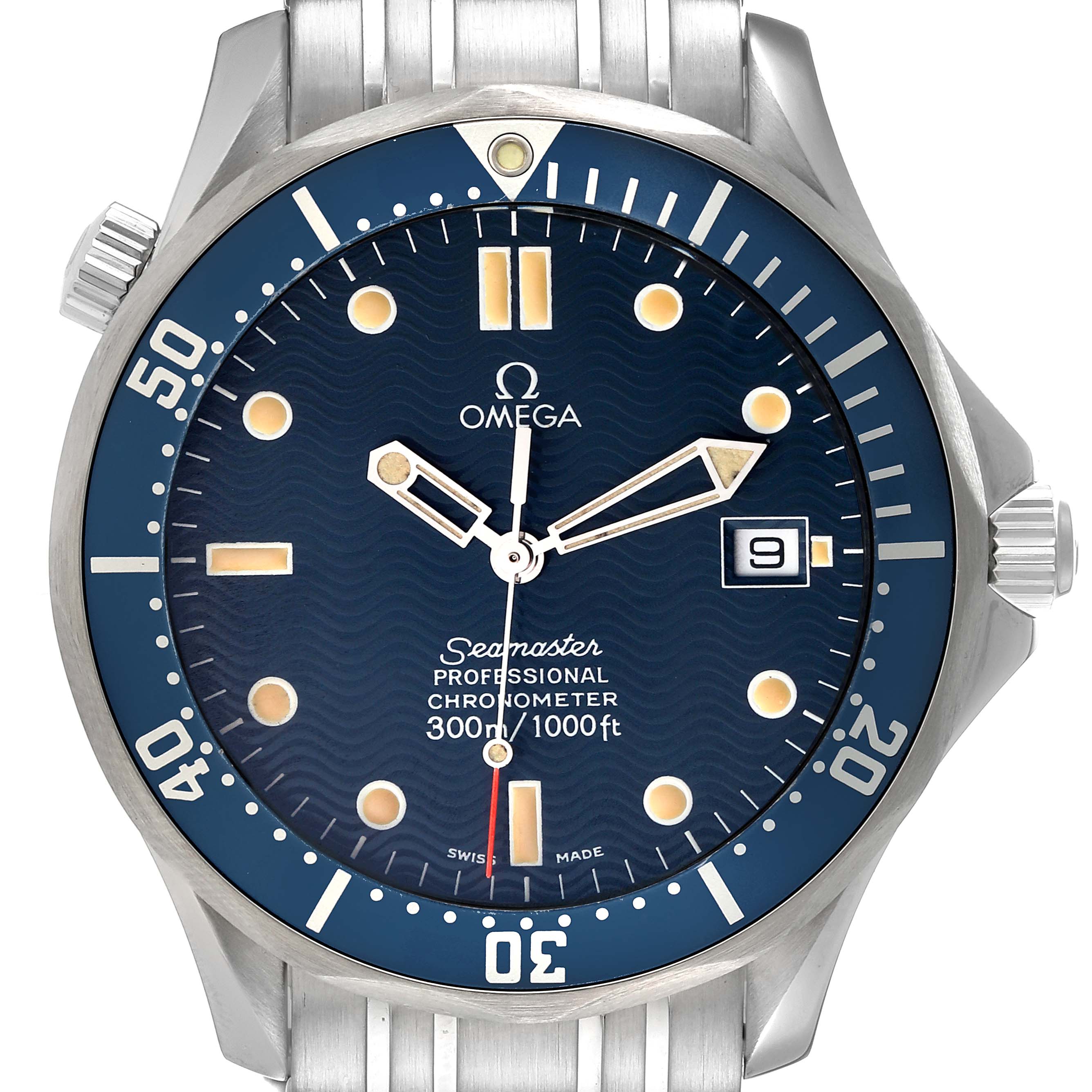 This image shows a front view of an Omega Seamaster 2531.80.00 Men's Stainless Steel Blue Dial 2531.80.00 Men's Stainless Steel Blue Dial Professional Chronometer watch, highlighting its blue dial and silver bezel.
