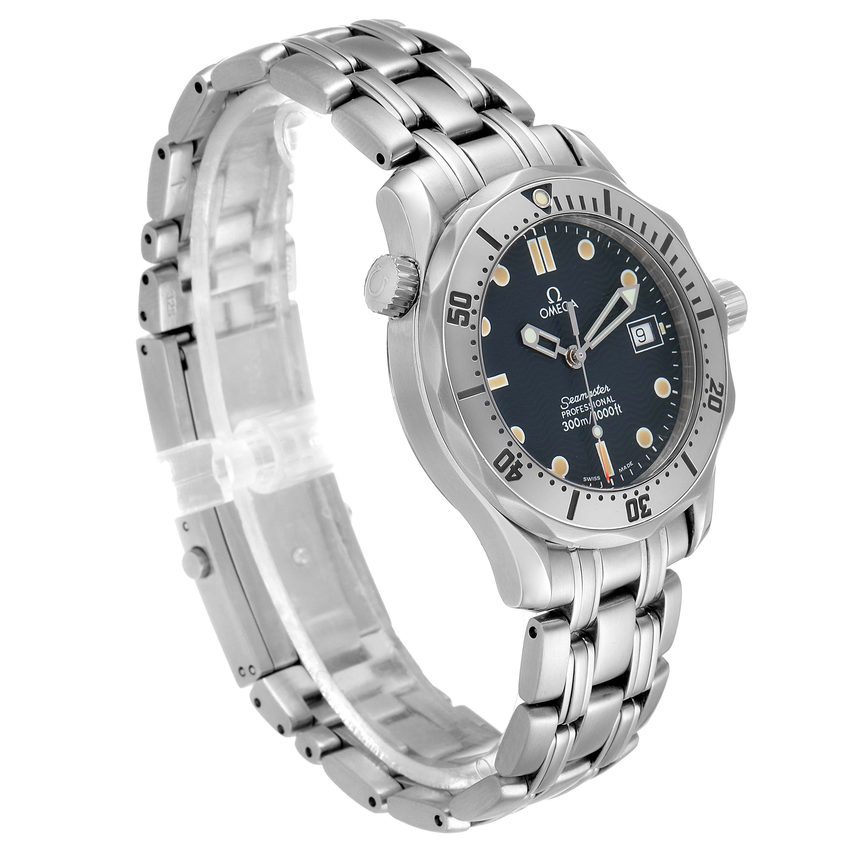 The image shows an angled view of the Omega Seamaster 2562.80.00 Men's Stainless Steel Blue Dial 2562.80.00 Men's Stainless Steel Blue Dial watch, focusing on the dial, bezel, bracelet, and crown.