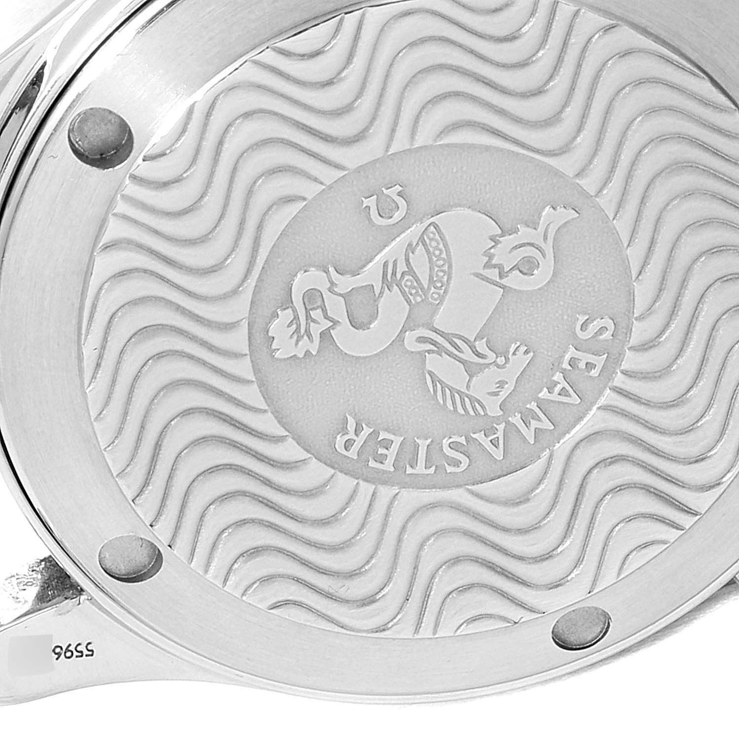 The image shows the engraved case back of the Omega Seamaster 2562.80.00 Men's Stainless Steel Blue Dial 2562.80.00 Men's Stainless Steel Blue Dial watch at a close-up angle.