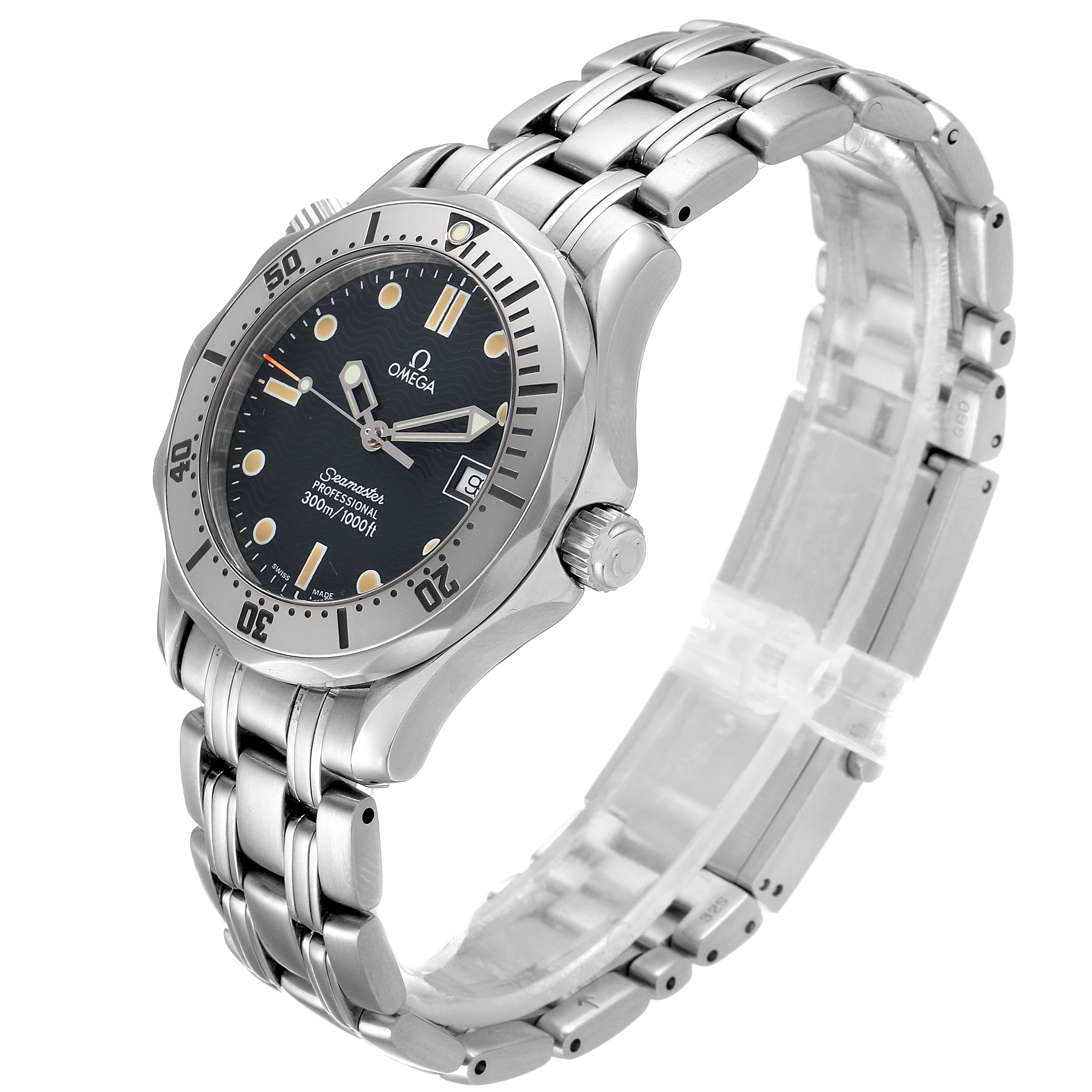 This image shows an Omega Seamaster 2562.80.00 Men's Stainless Steel Blue Dial 2562.80.00 Men's Stainless Steel Blue Dial watch from a front-side angle, displaying the dial, bezel, crown, and metal bracelet.