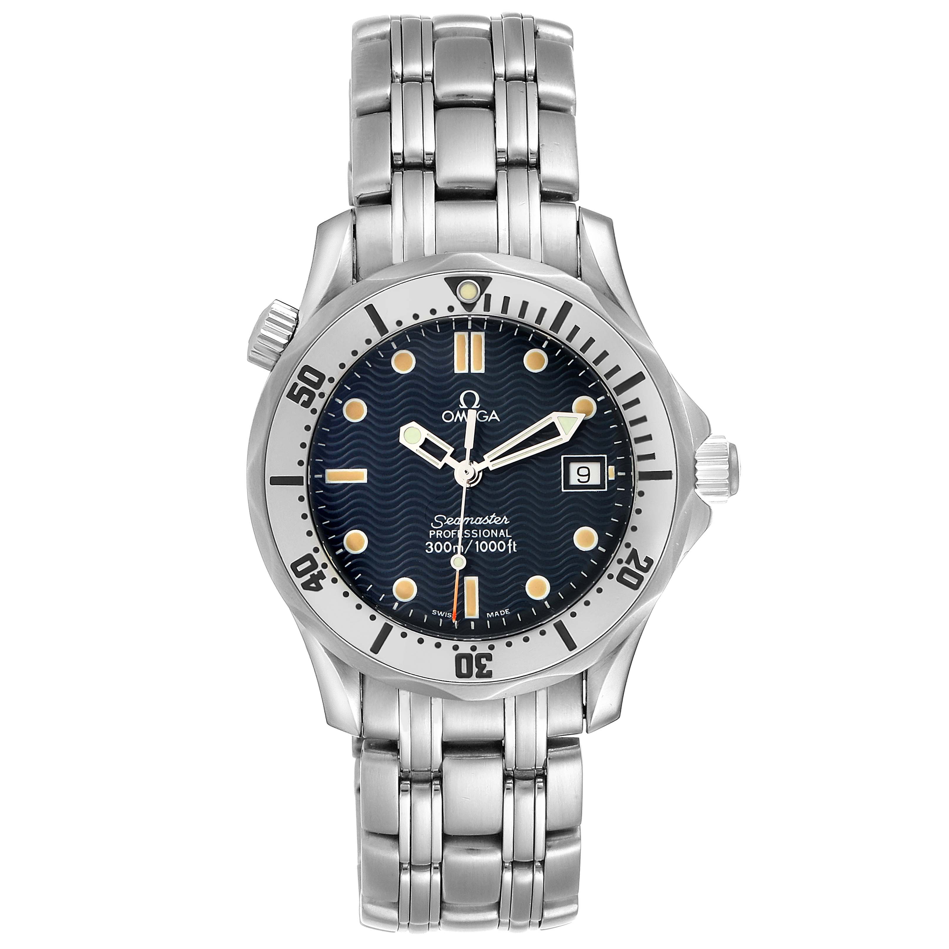 The image shows a front view of the Omega Seamaster 2562.80.00 Men's Stainless Steel Blue Dial 2562.80.00 Men's Stainless Steel Blue Dial watch, showcasing the dial, bezel, and bracelet.