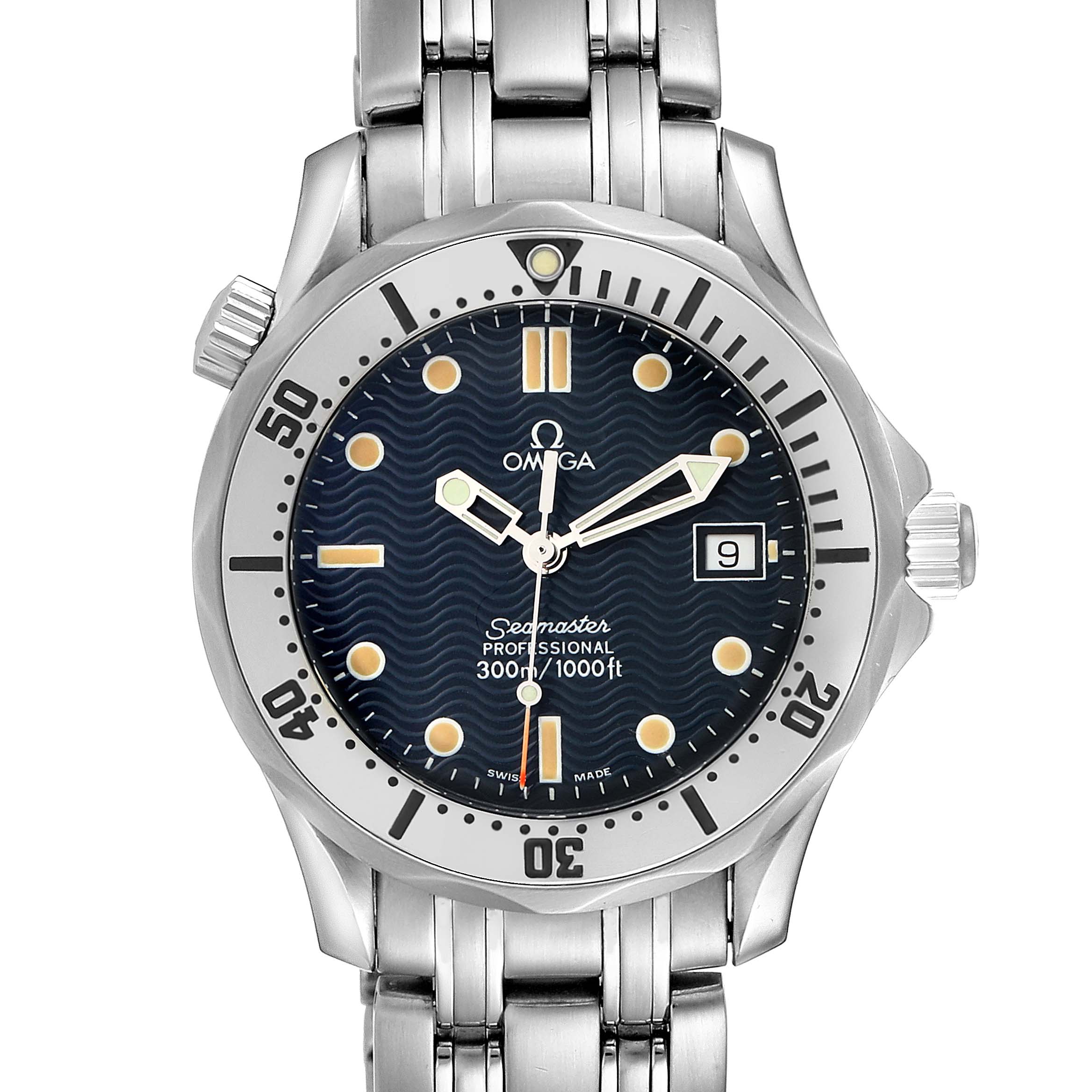 The image shows the face and part of the bracelet of the Omega Seamaster 2562.80.00 Men's Stainless Steel Blue Dial 2562.80.00 Men's Stainless Steel Blue Dial Professional 300m watch, highlighting the bezel, dial, and hands.