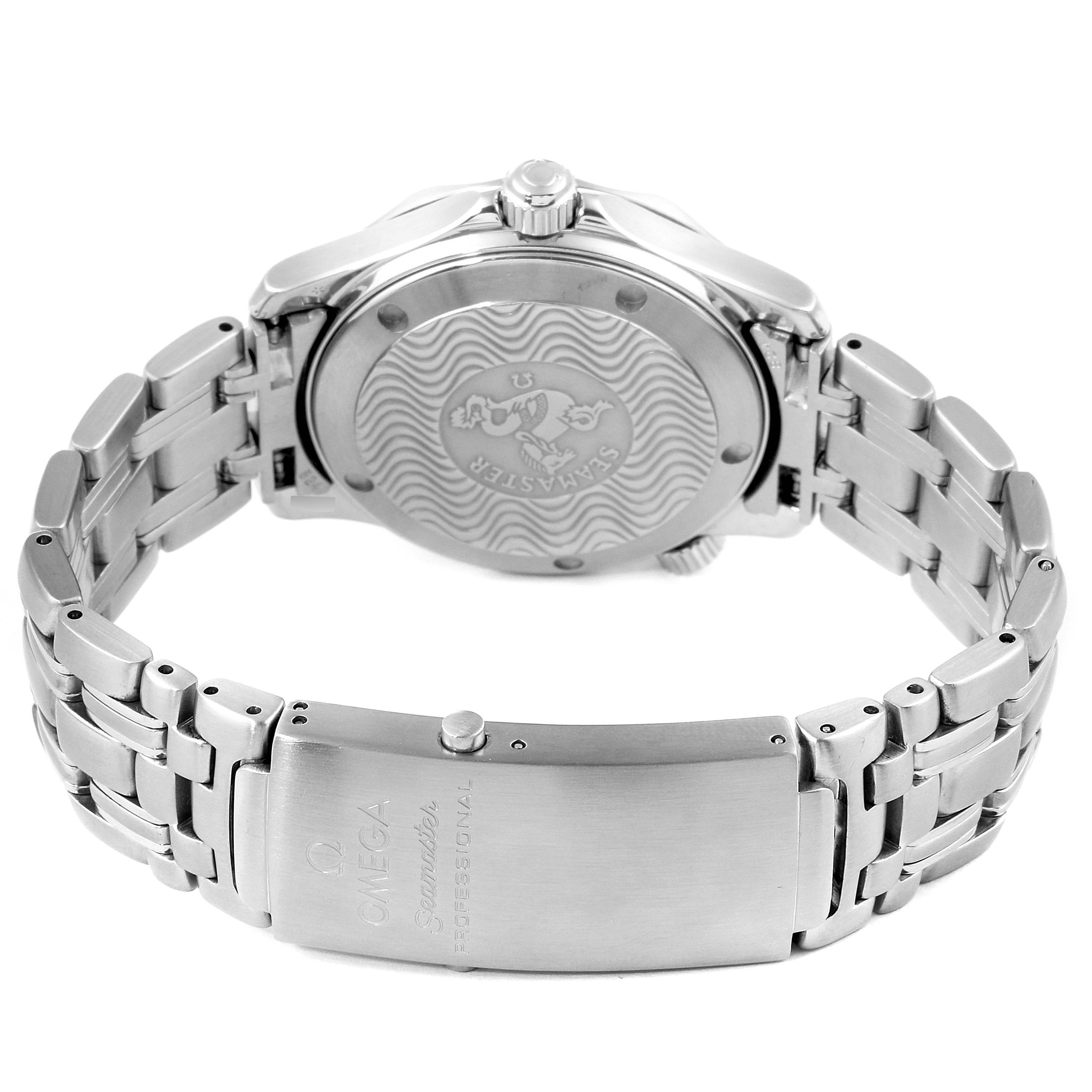 The image shows the back case and bracelet of an Omega Seamaster 2562.80.00 Men's Stainless Steel Blue Dial 2562.80.00 Men's Stainless Steel Blue Dial watch, highlighting the clasp and caseback engraving.