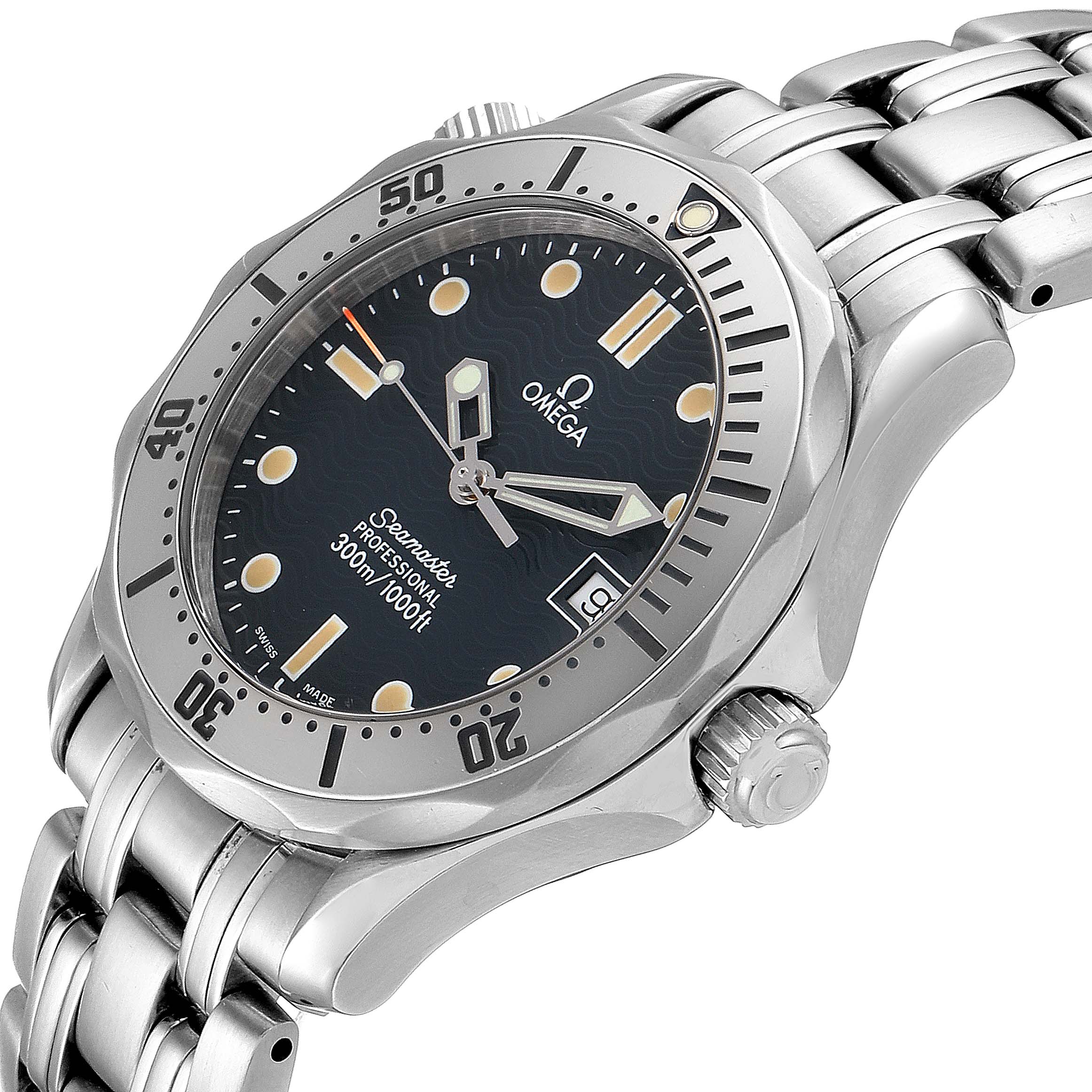 The Omega Seamaster 2562.80.00 Men's Stainless Steel Blue Dial 2562.80.00 Men's Stainless Steel Blue Dial watch is shown from an angle highlighting the face, bezel, crown, and partial bracelet.