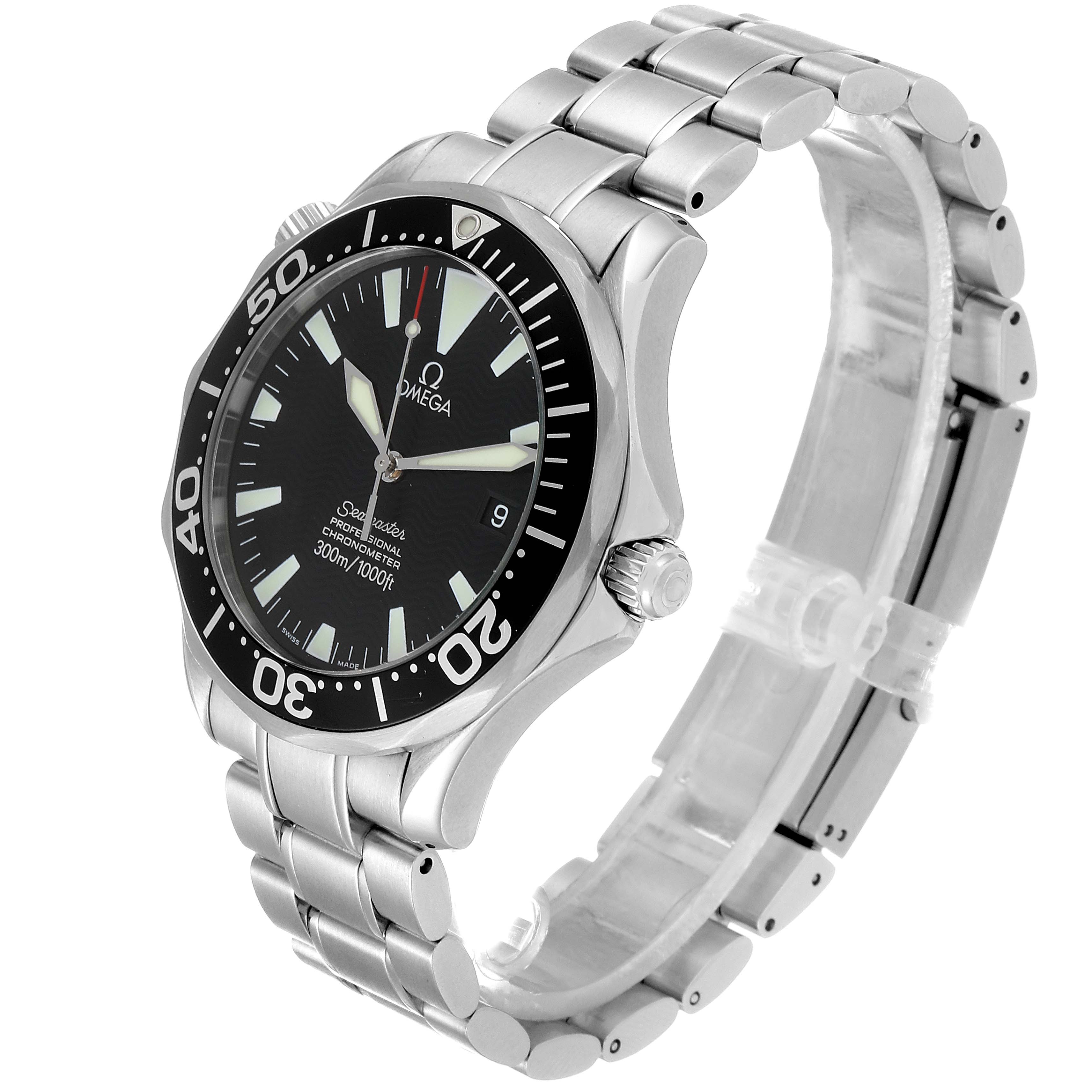 The Omega Seamaster 2254.50.00 Men's Stainless Steel Black Dial 2254.50.00 Men's Stainless Steel Black Dial watch is shown at a three-quarter angle, displaying its face, bezel, crown, and stainless steel bracelet.