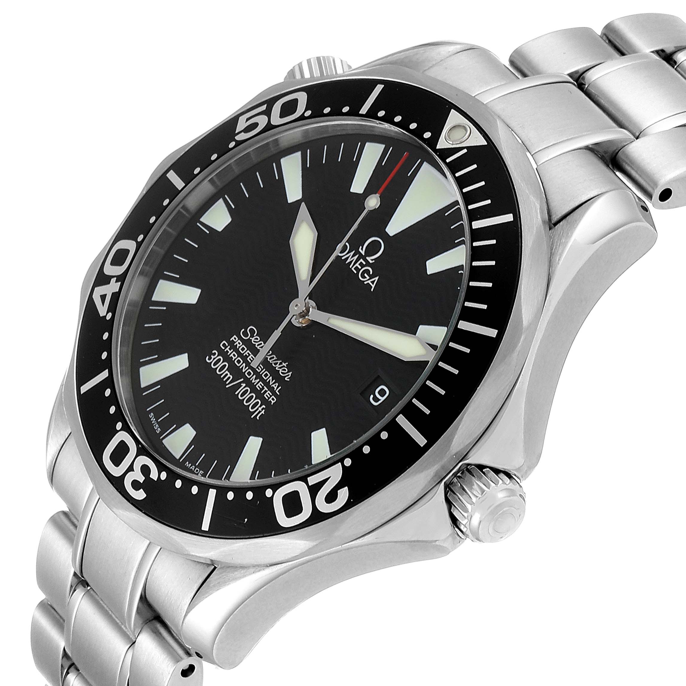 The Omega Seamaster 2254.50.00 Men's Stainless Steel Black Dial 2254.50.00 Men's Stainless Steel Black Dial watch is shown from an angled side view, highlighting the dial, bezel, crown, and metal bracelet.