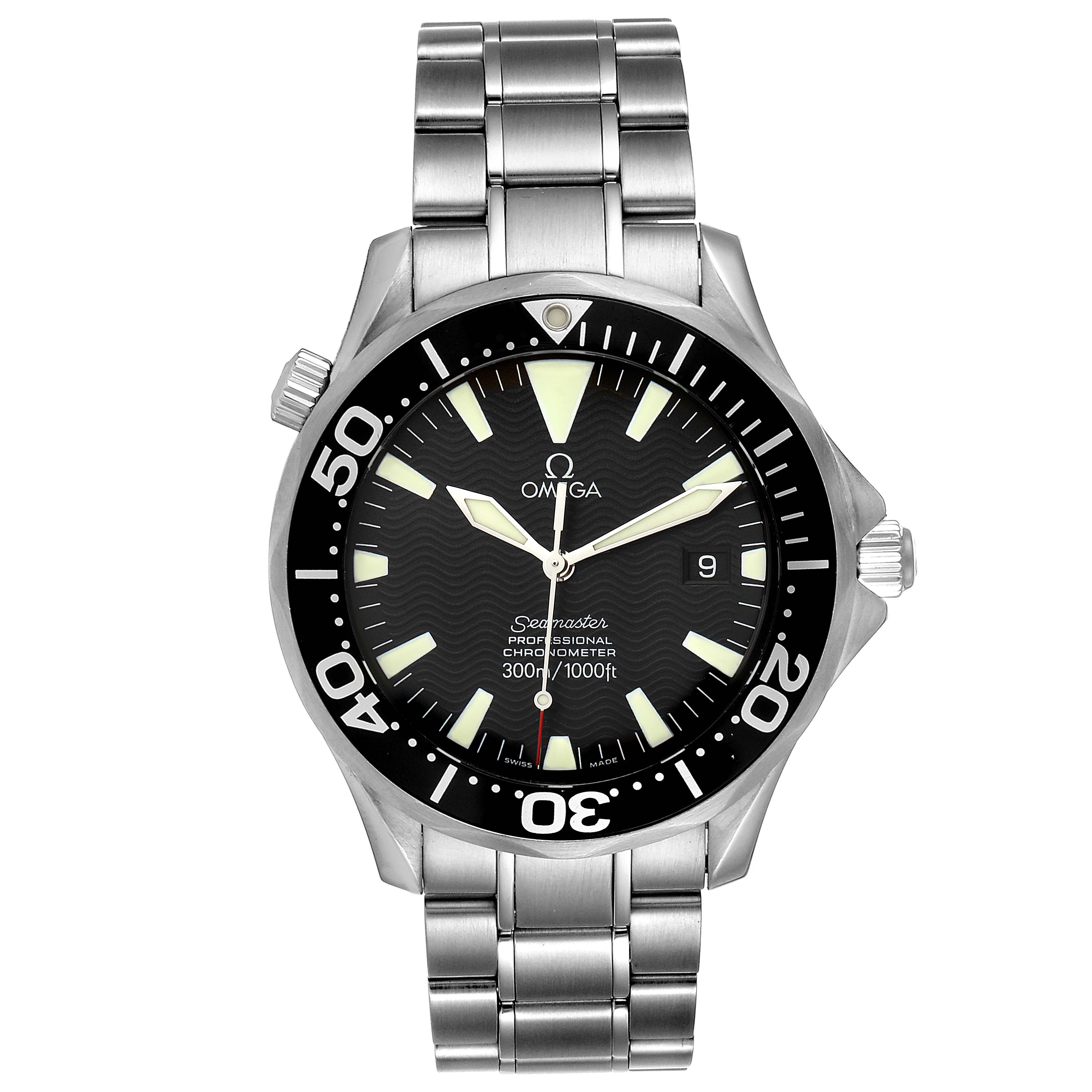 This is a front view of the Omega Seamaster 2254.50.00 Men's Stainless Steel Black Dial 2254.50.00 Men's Stainless Steel Black Dial watch, showing the dial, bezel, crown, and stainless steel bracelet.