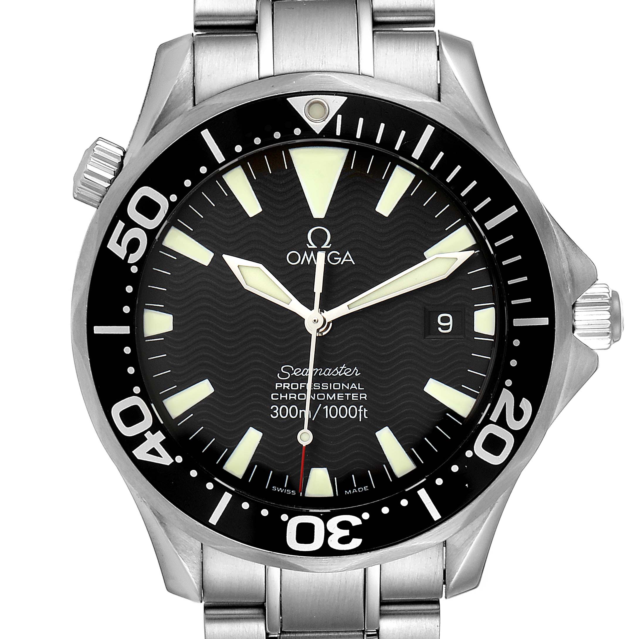 The image shows a frontal view of the Omega Seamaster 2254.50.00 Men's Stainless Steel Black Dial 2254.50.00 Men's Stainless Steel Black Dial watch, highlighting the dial, bezel, hands, and a portion of the stainless steel bracelet.