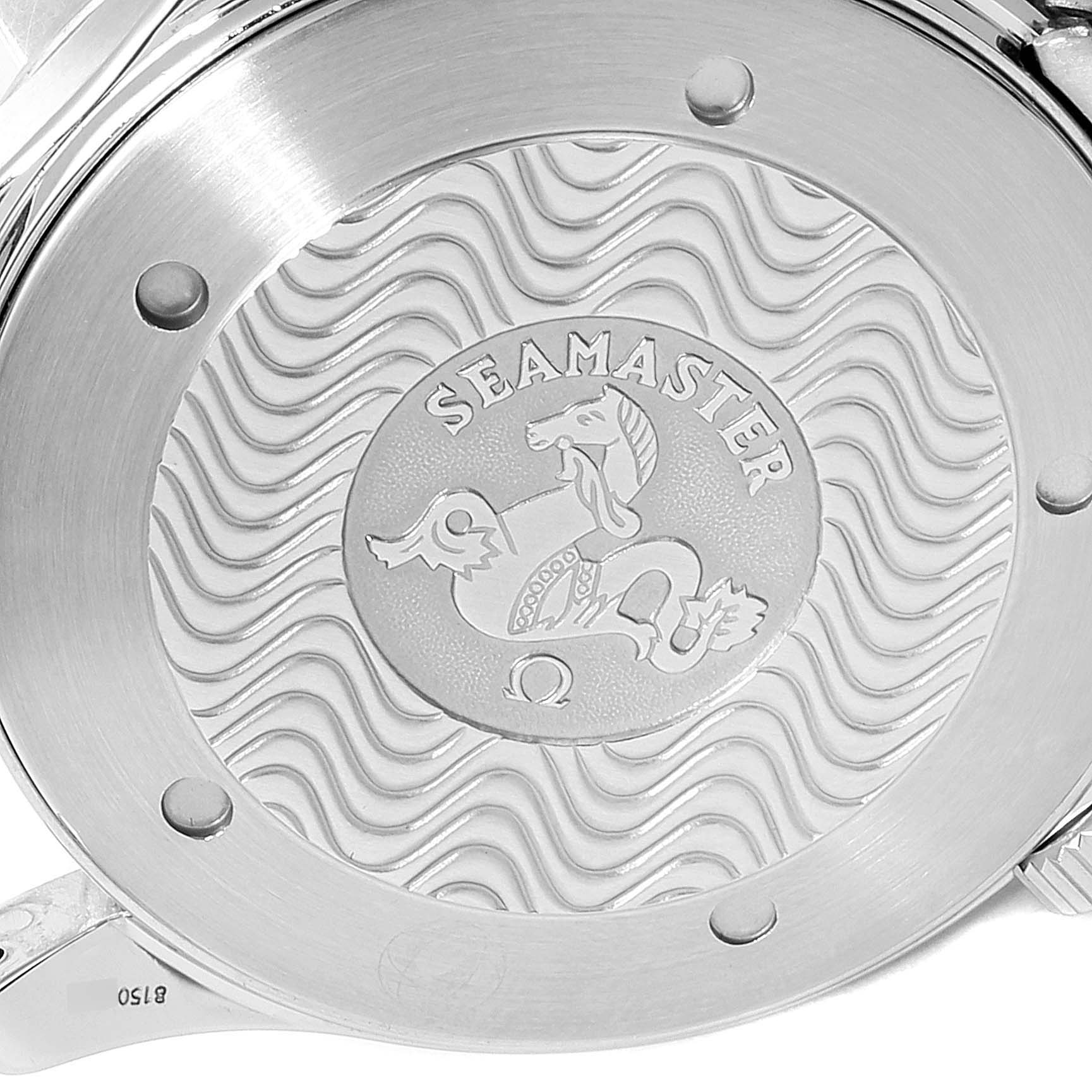 This is the back view of an Omega Seamaster 2254.50.00 Men's Stainless Steel Black Dial 2254.50.00 Men's Stainless Steel Black Dial watch showing the case back with its engraved design.