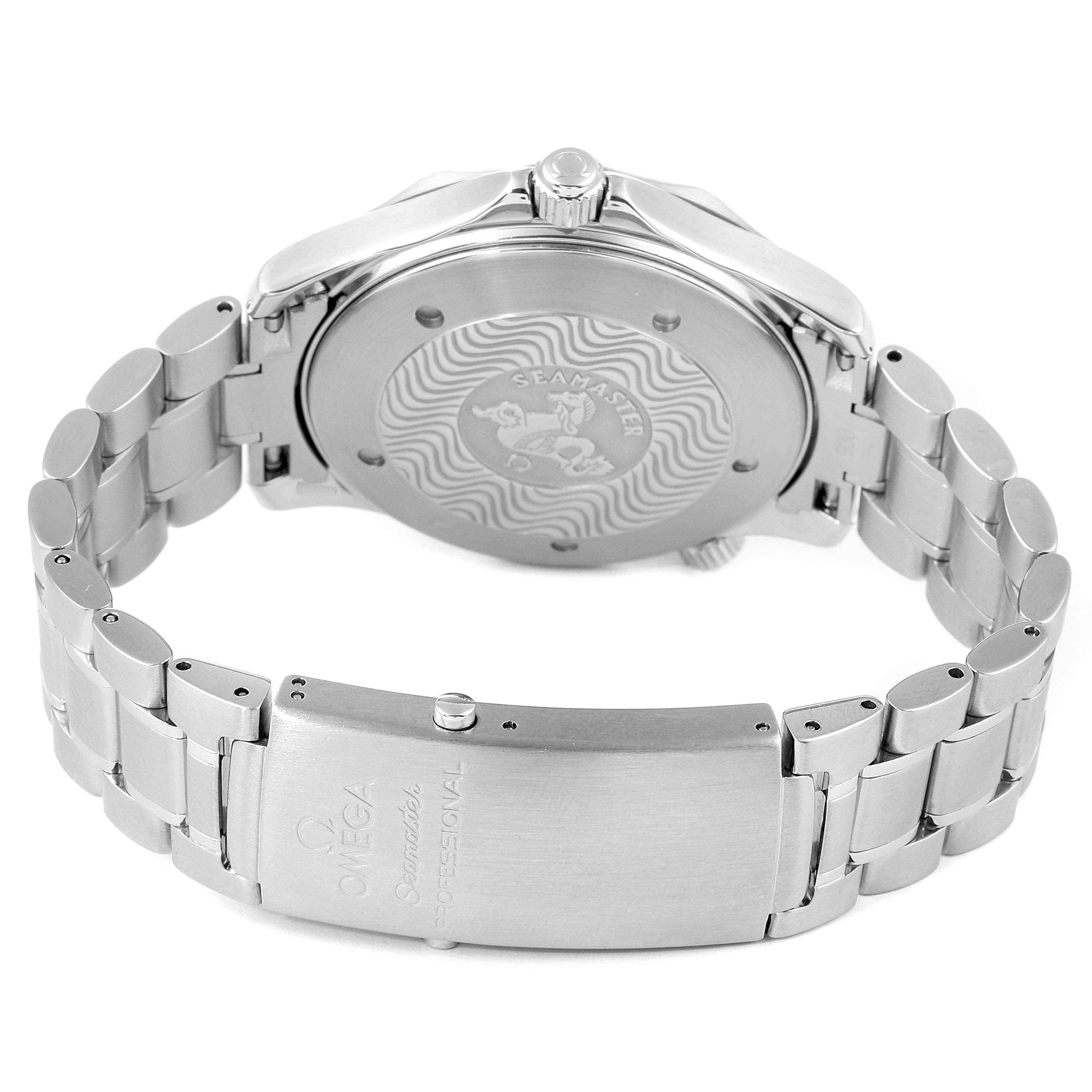 This image shows the back and clasp of an Omega Seamaster 2254.50.00 Men's Stainless Steel Black Dial 2254.50.00 Men's Stainless Steel Black Dial watch from a rear angle.