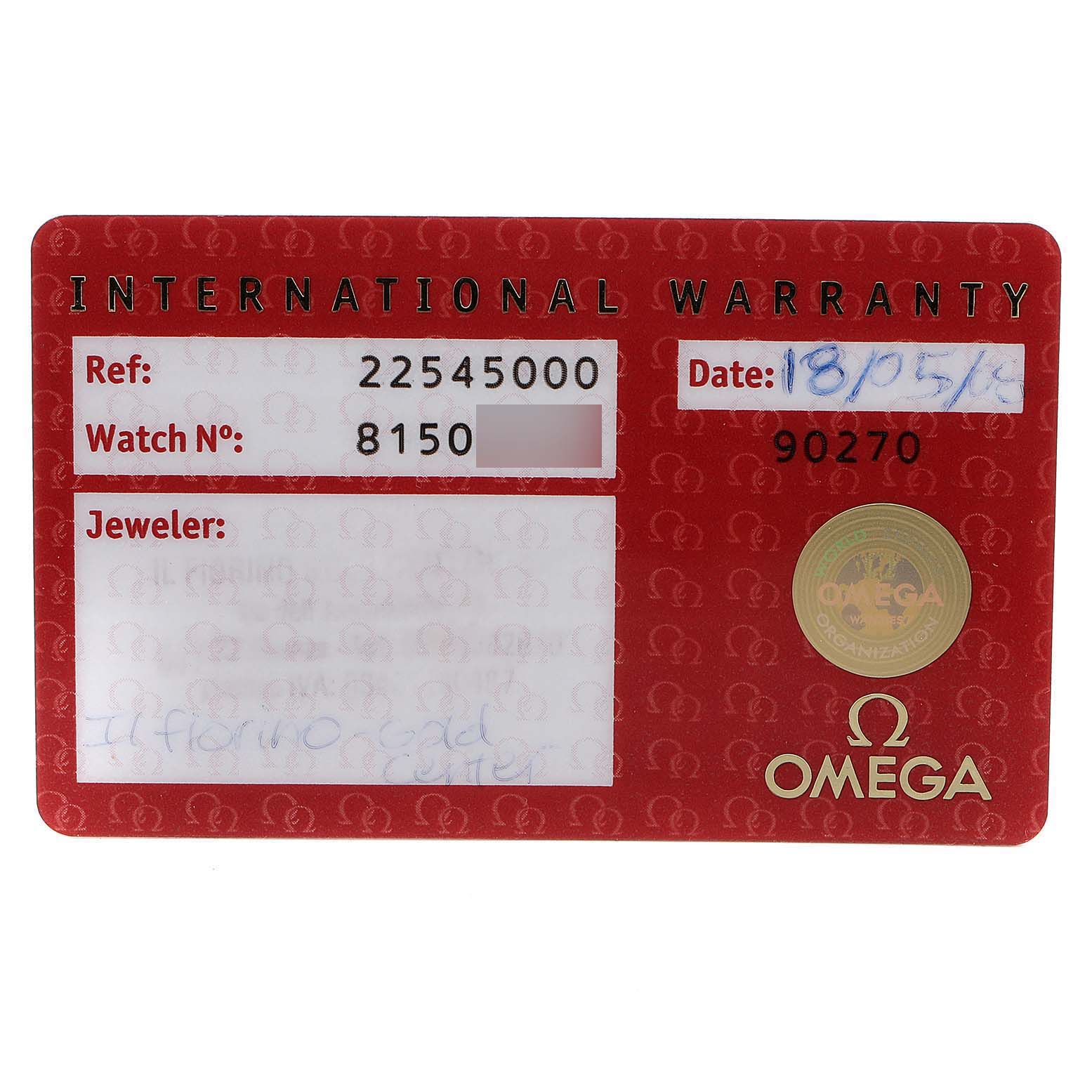 The image shows an Omega Seamaster 2254.50.00 Men's Stainless Steel Black Dial 2254.50.00 Men's Stainless Steel Black Dial International Warranty card with reference and watch numbers, jeweler's info, and a date.