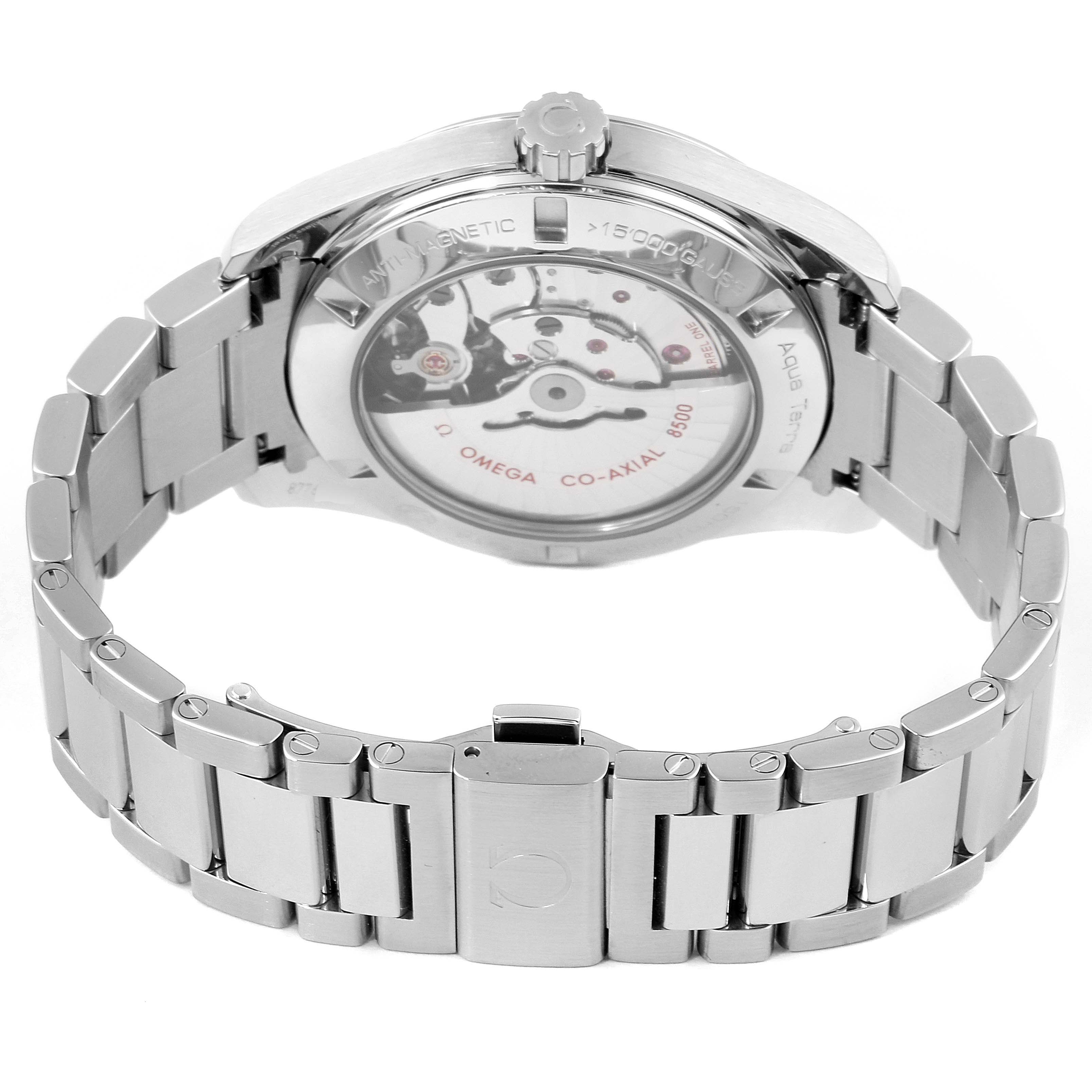 This image shows the back view and stainless steel bracelet of an Omega Aqua Terra 231.10.42.21.03.003 Men's Stainless Steel Blue Dial 231.10.42.21.03.003 Men's Stainless Steel Blue Dial watch, highlighting the automatic movement.