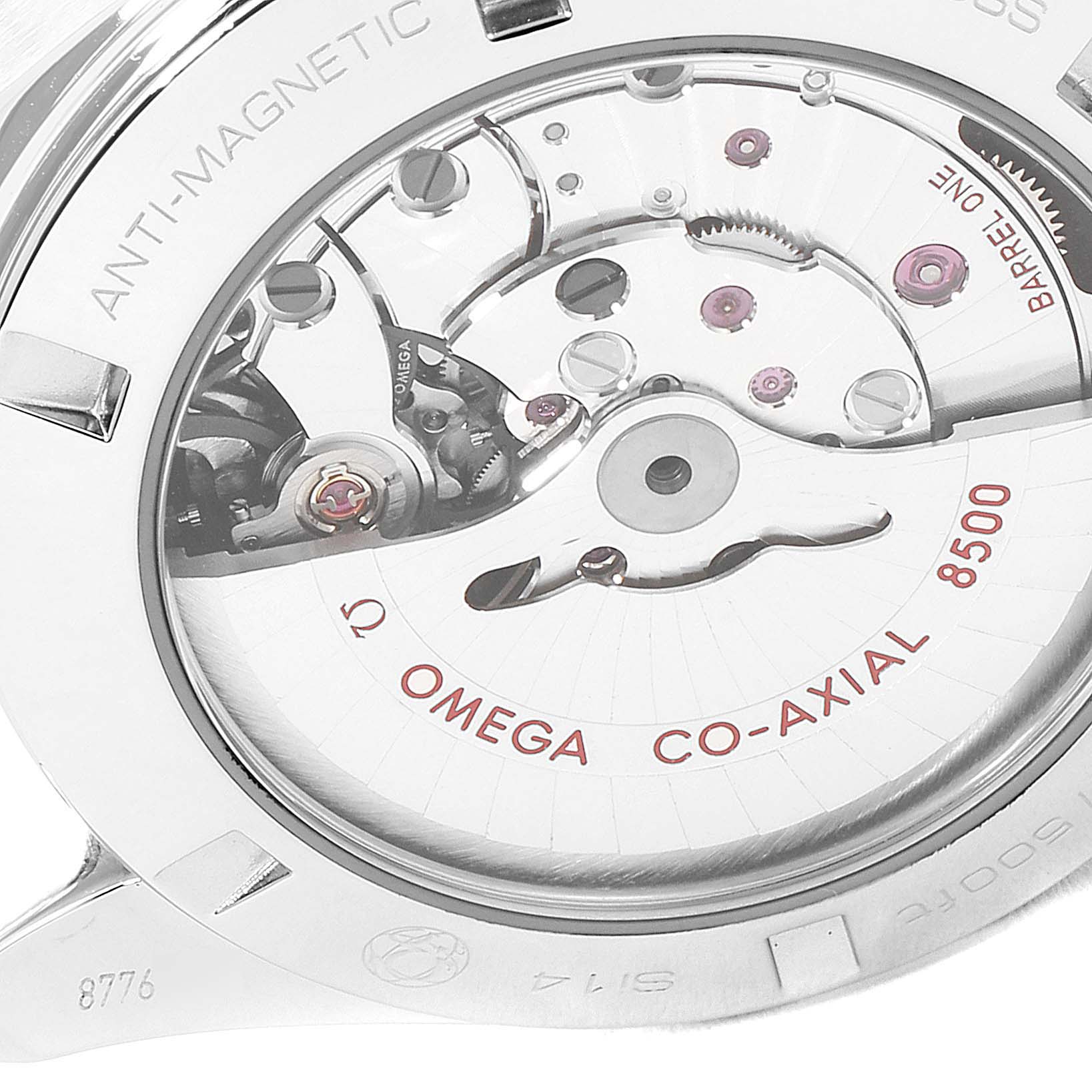 The image shows the back view of an Omega Aqua Terra 231.10.42.21.03.003 Men's Stainless Steel Blue Dial 231.10.42.21.03.003 Men's Stainless Steel Blue Dial watch, highlighting the Co-Axial 8500 movement and anti-magnetic features.