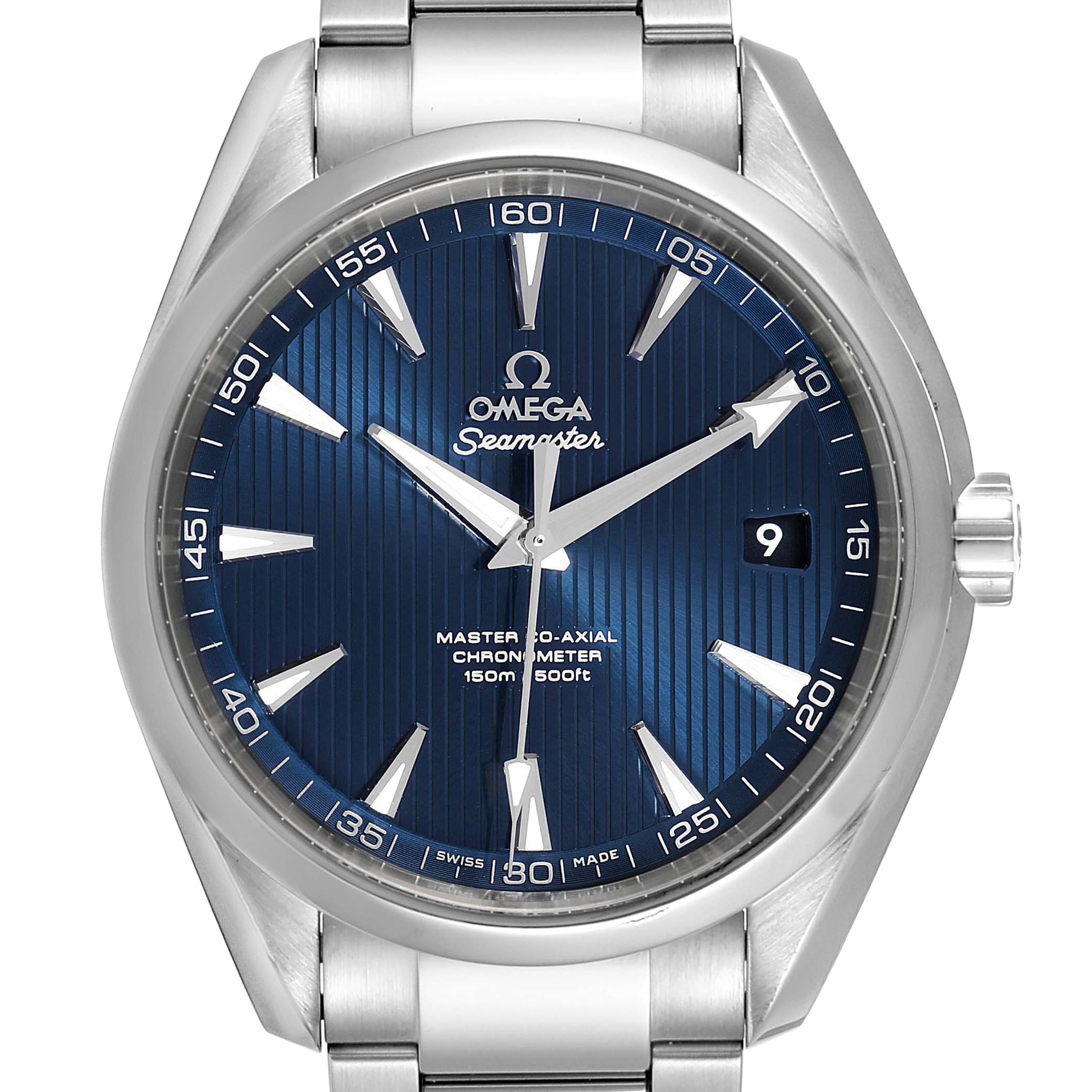 The Omega Aqua Terra 231.10.42.21.03.003 Men's Stainless Steel Blue Dial 231.10.42.21.03.003 Men's Stainless Steel Blue Dial watch is shown from a front angle, displaying its blue dial, stainless steel bracelet, and date window.