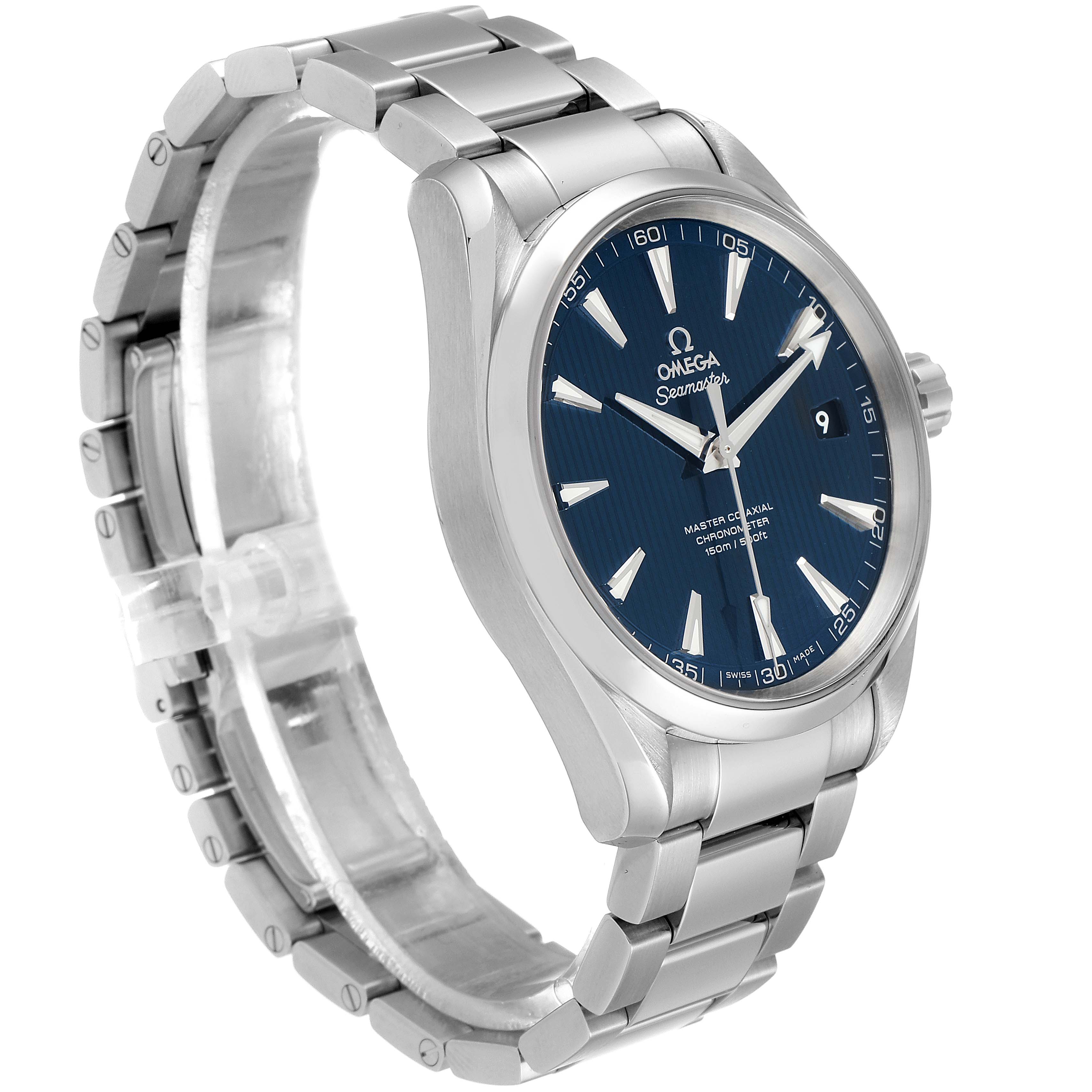 The Omega Aqua Terra 231.10.42.21.03.003 Men's Stainless Steel Blue Dial 231.10.42.21.03.003 Men's Stainless Steel Blue Dial watch is shown from a front angle, highlighting its dial, bezel, and metal bracelet.