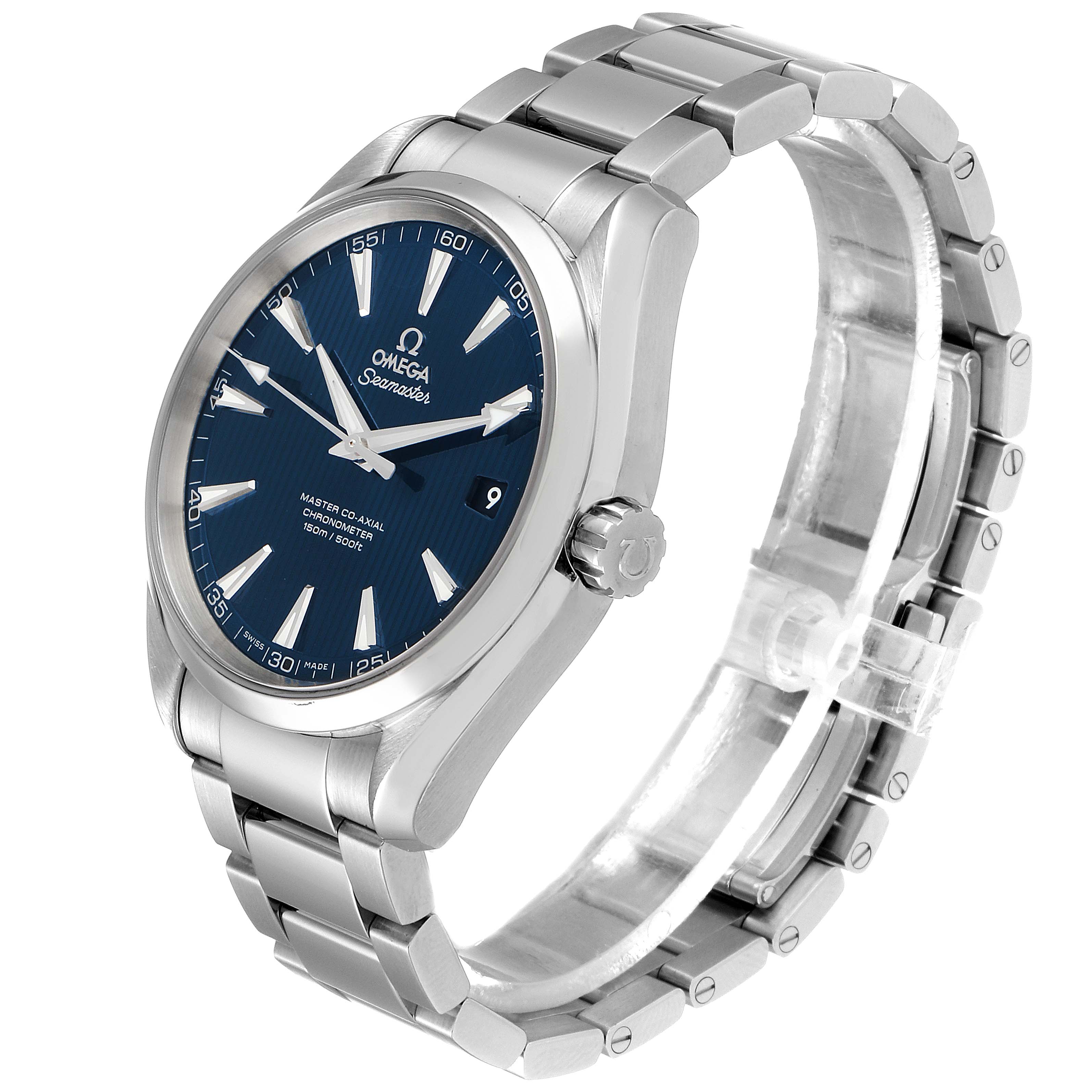 The image shows the Omega Aqua Terra 231.10.42.21.03.003 Men's Stainless Steel Blue Dial 231.10.42.21.03.003 Men's Stainless Steel Blue Dial watch from a three-quarter angle, highlighting the face, crown, and the metal bracelet.